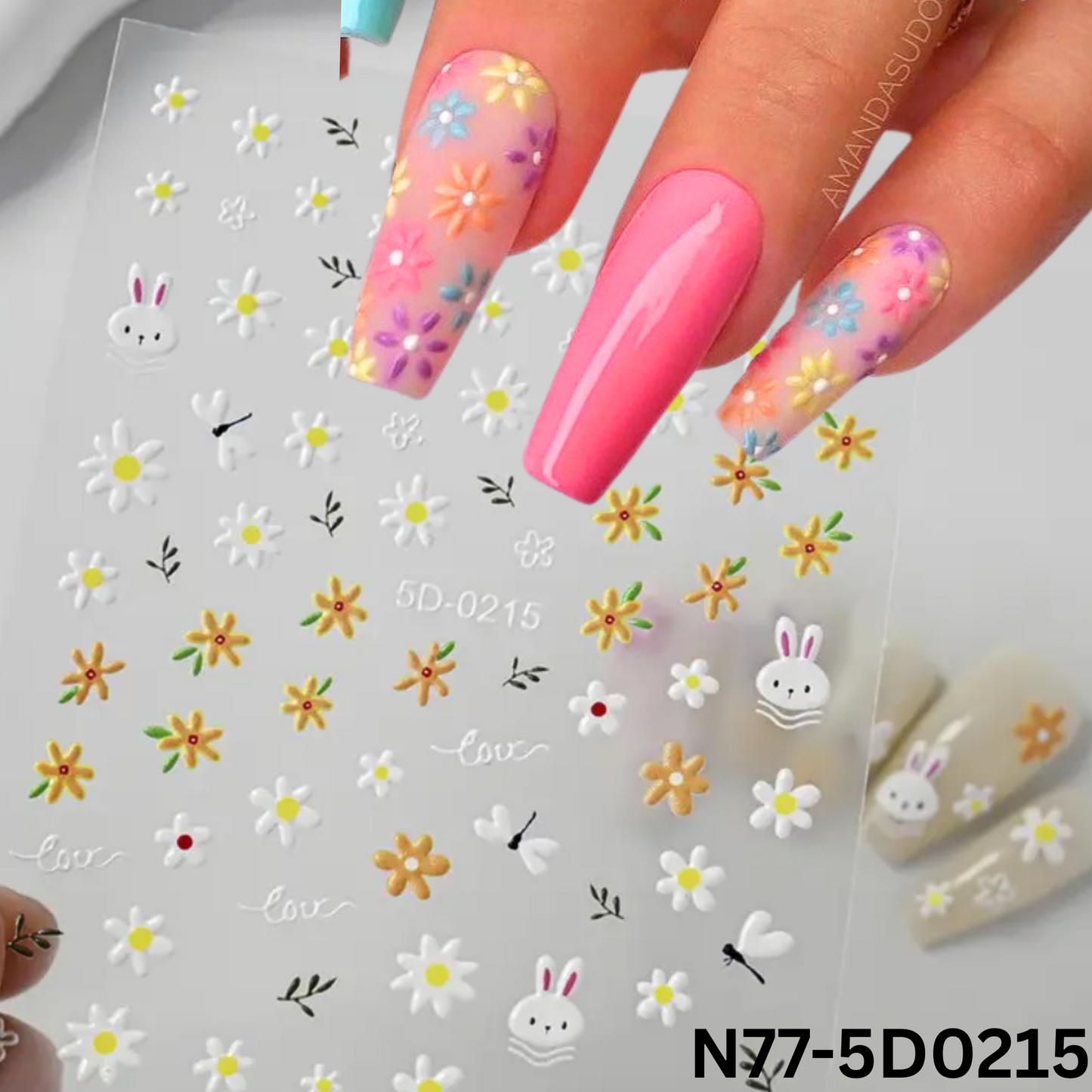 5D Floral Nail Stickers, Self-Adhesive Pastel flower & bunny decals, for Spring/Summer