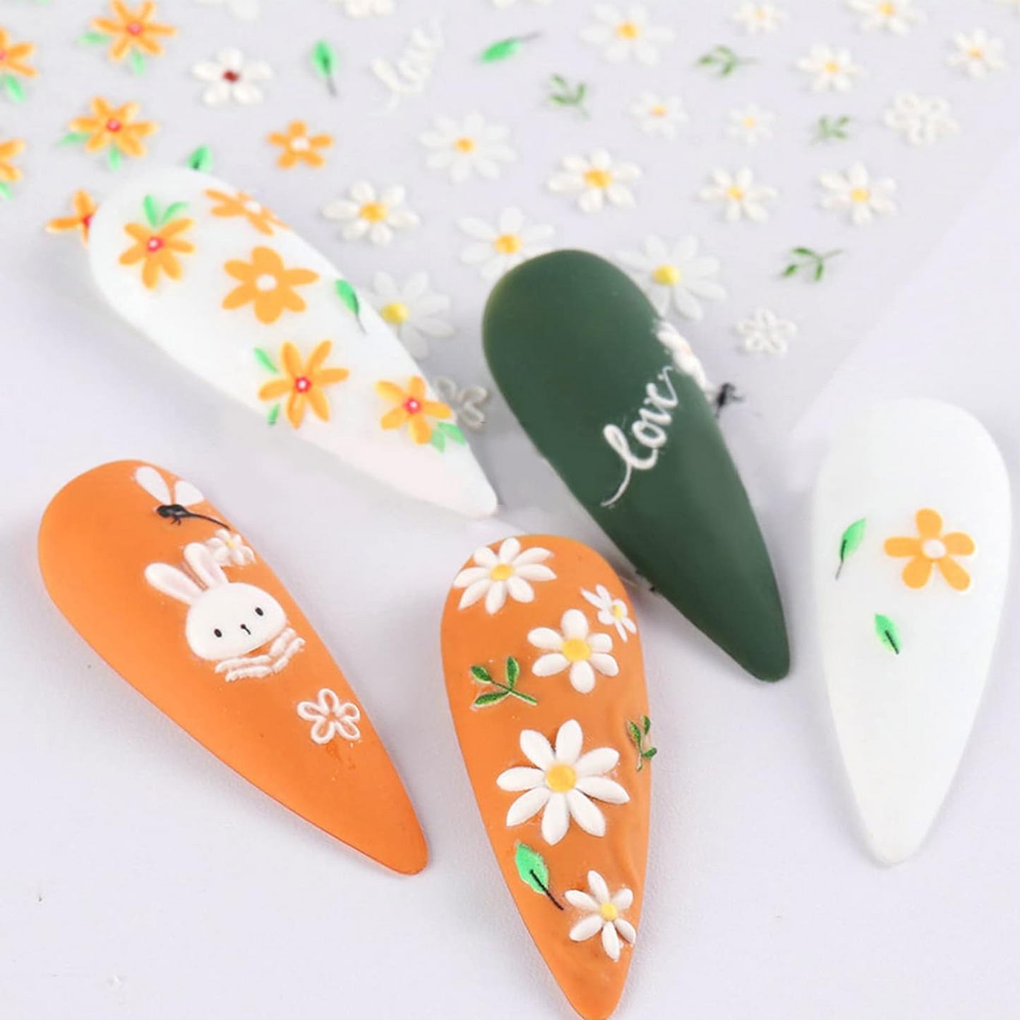 5D Floral Nail Stickers, Self-Adhesive Pastel flower & bunny decals, for Spring/Summer