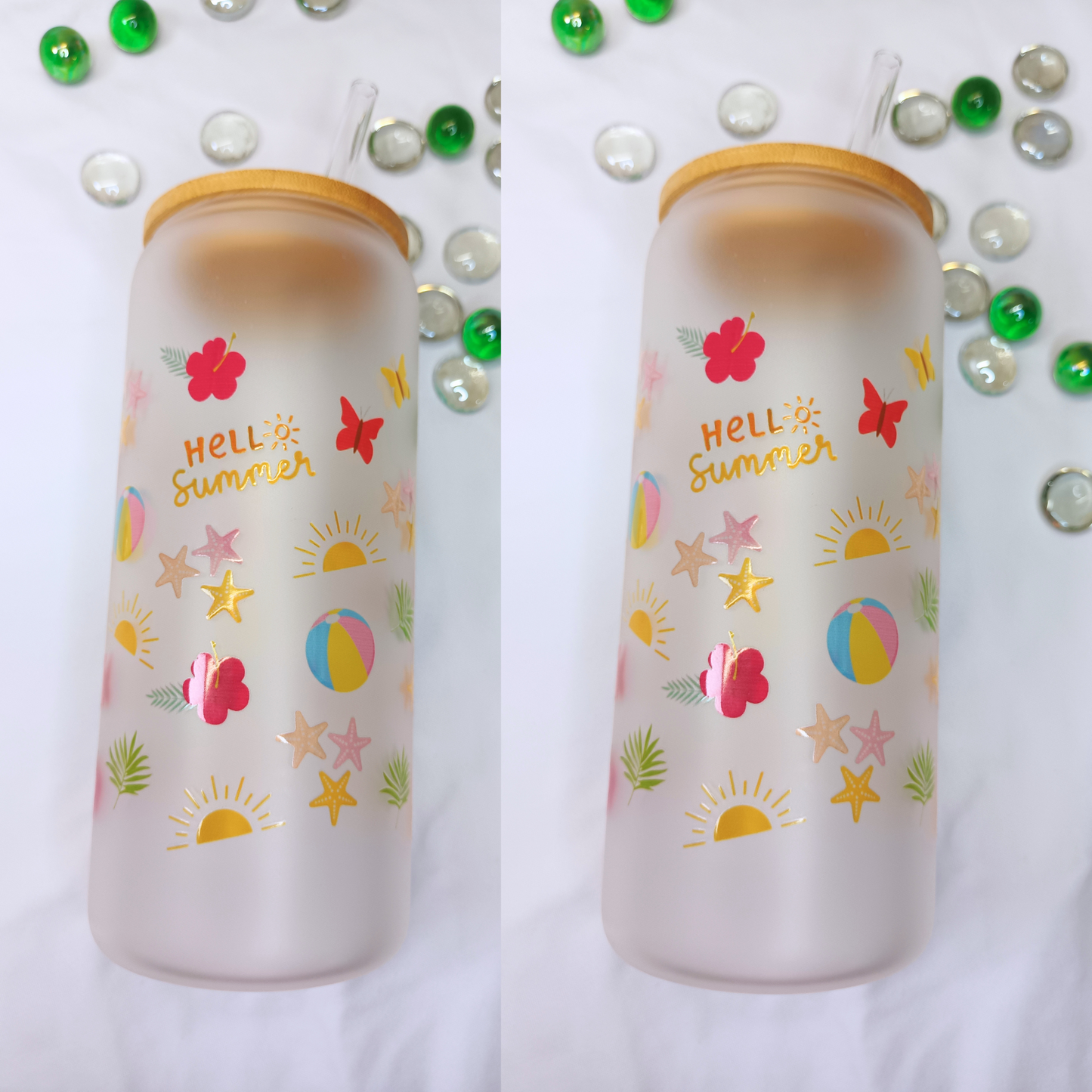 Hello Summer Frosted Glass Cup β 16oz / 20oz β With Bamboo Lid & Glass Straw