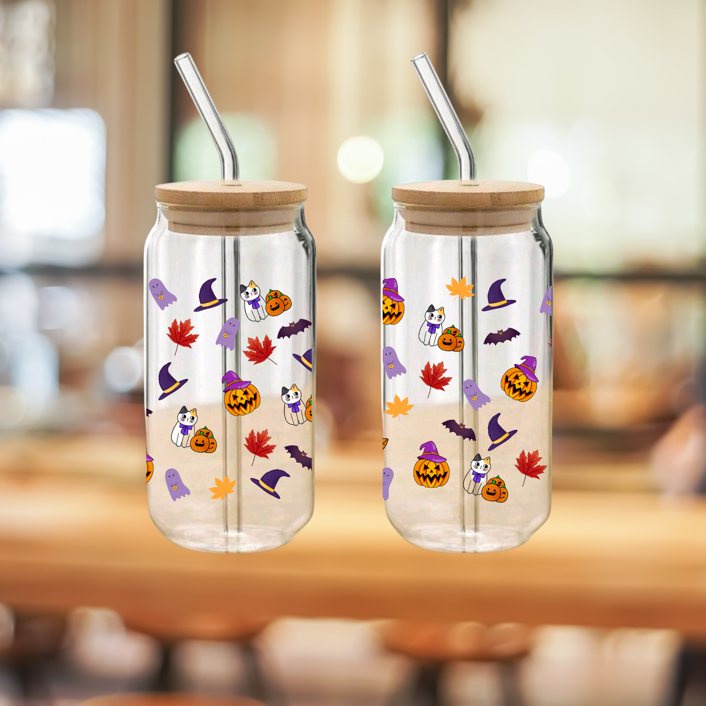 Halloween Pumpkin Glass Can Cup Set β Clear Tumbler with Lid, Straw & Cleaner, 16oz/20oz