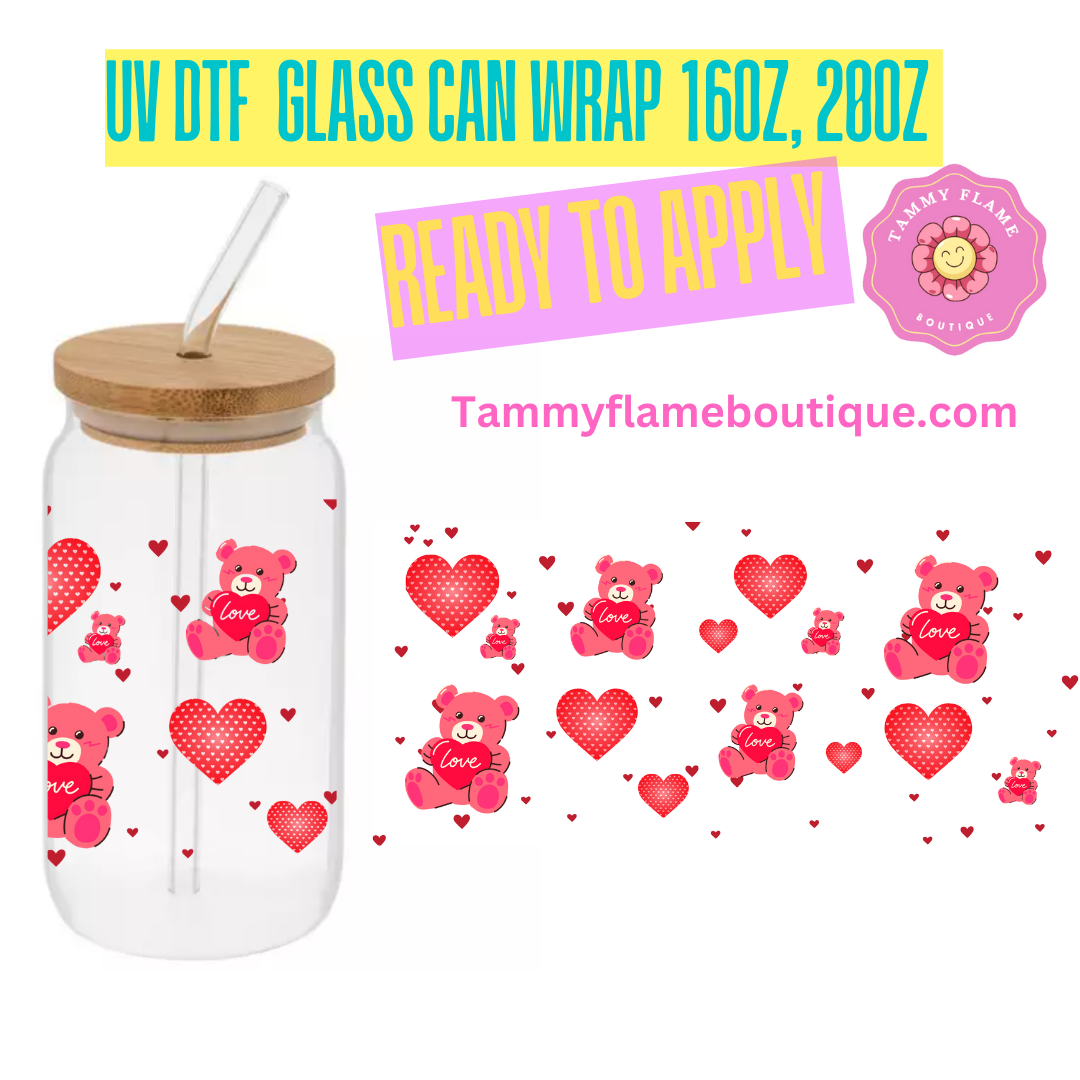 Sweetheart Bear 16oz, 20 oz UV DTF Cup Wraps Bottles & Glassware