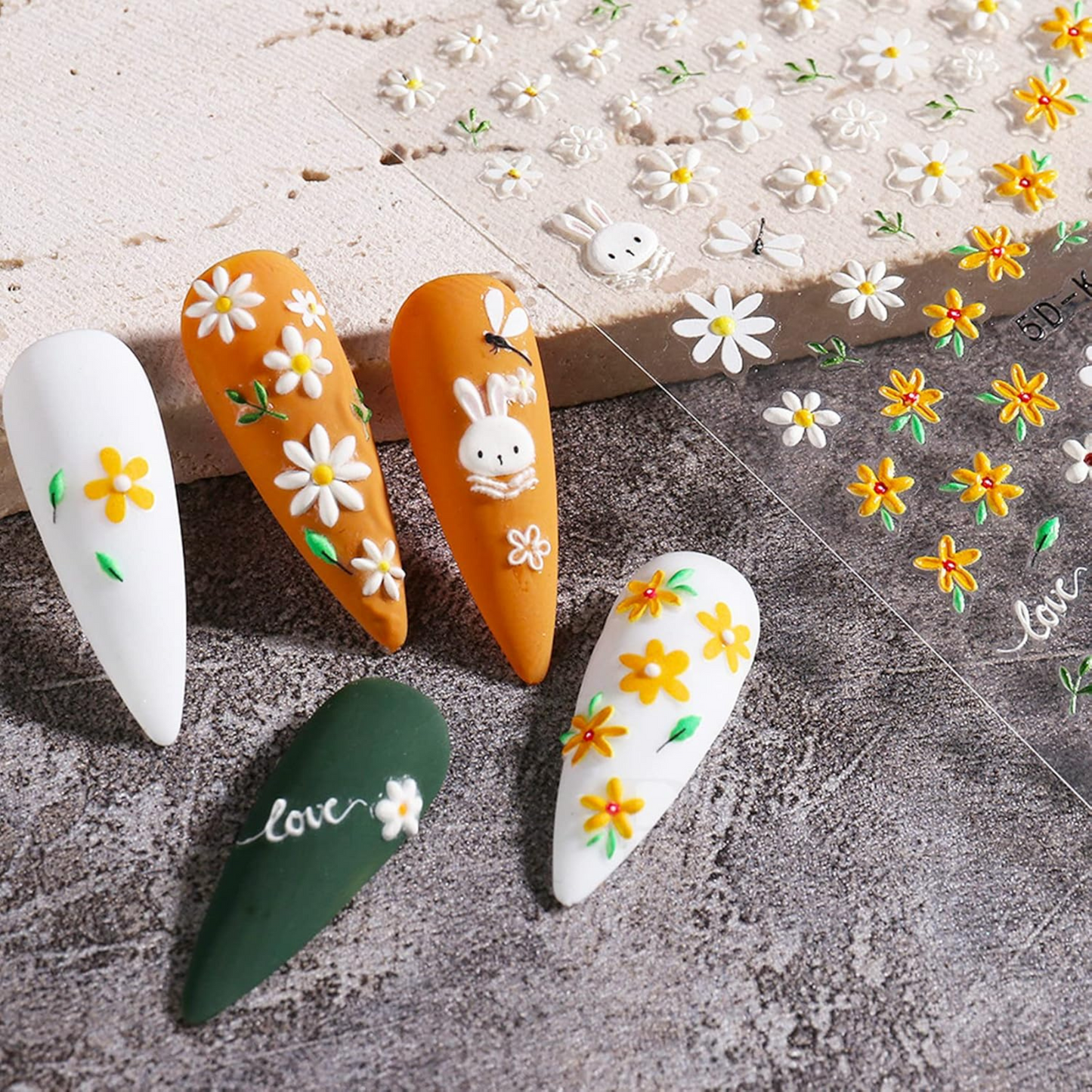 5D Floral Nail Stickers, Self-Adhesive Pastel flower & bunny decals, for Spring/Summer