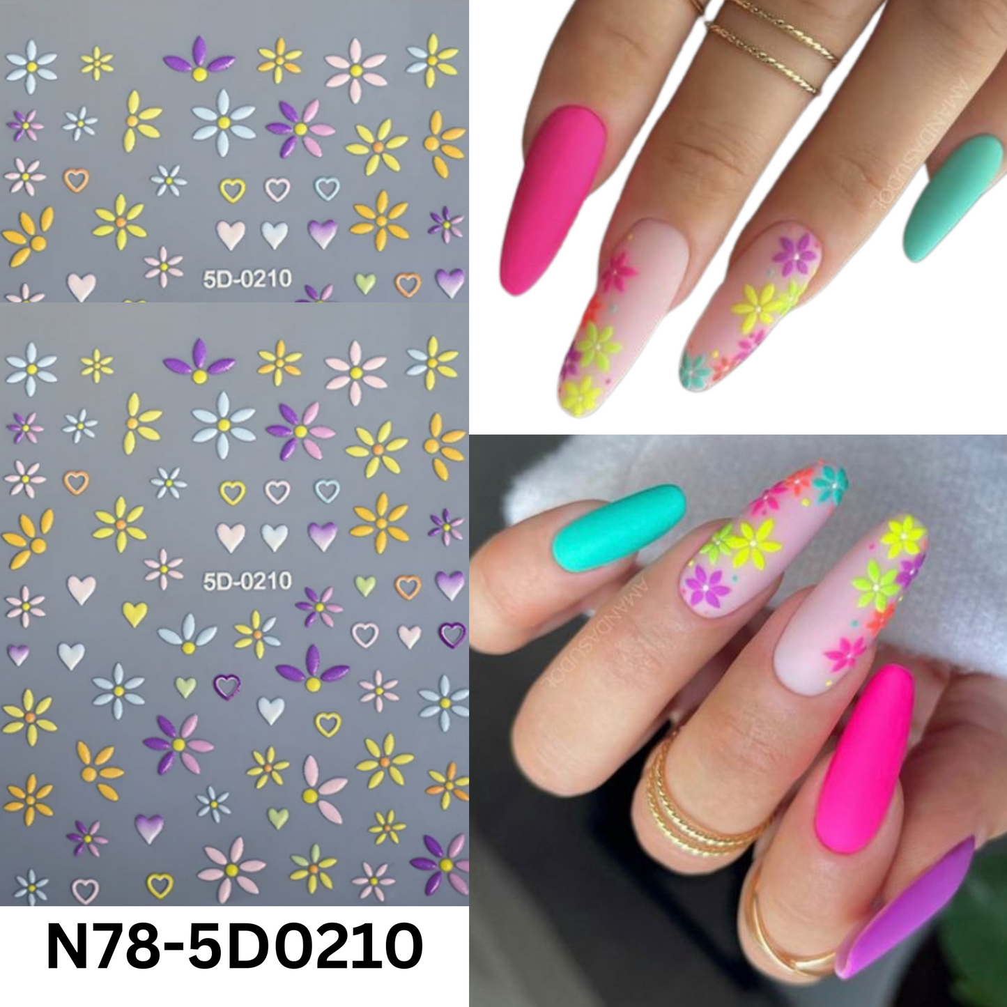 Colorful Spring Flower Nail Stickers,5D/3D Floral Nail Stickers