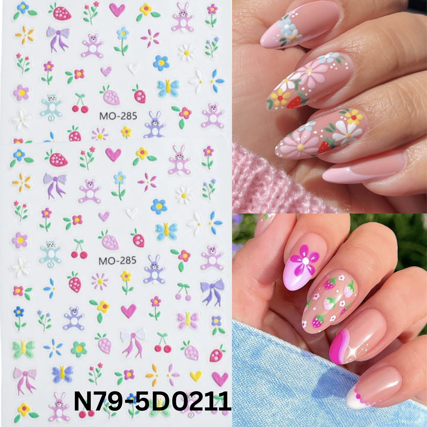 Summer Flower Strawberry Embossed Nail Art Stickers,5D Self-Adhesive Nail Designs