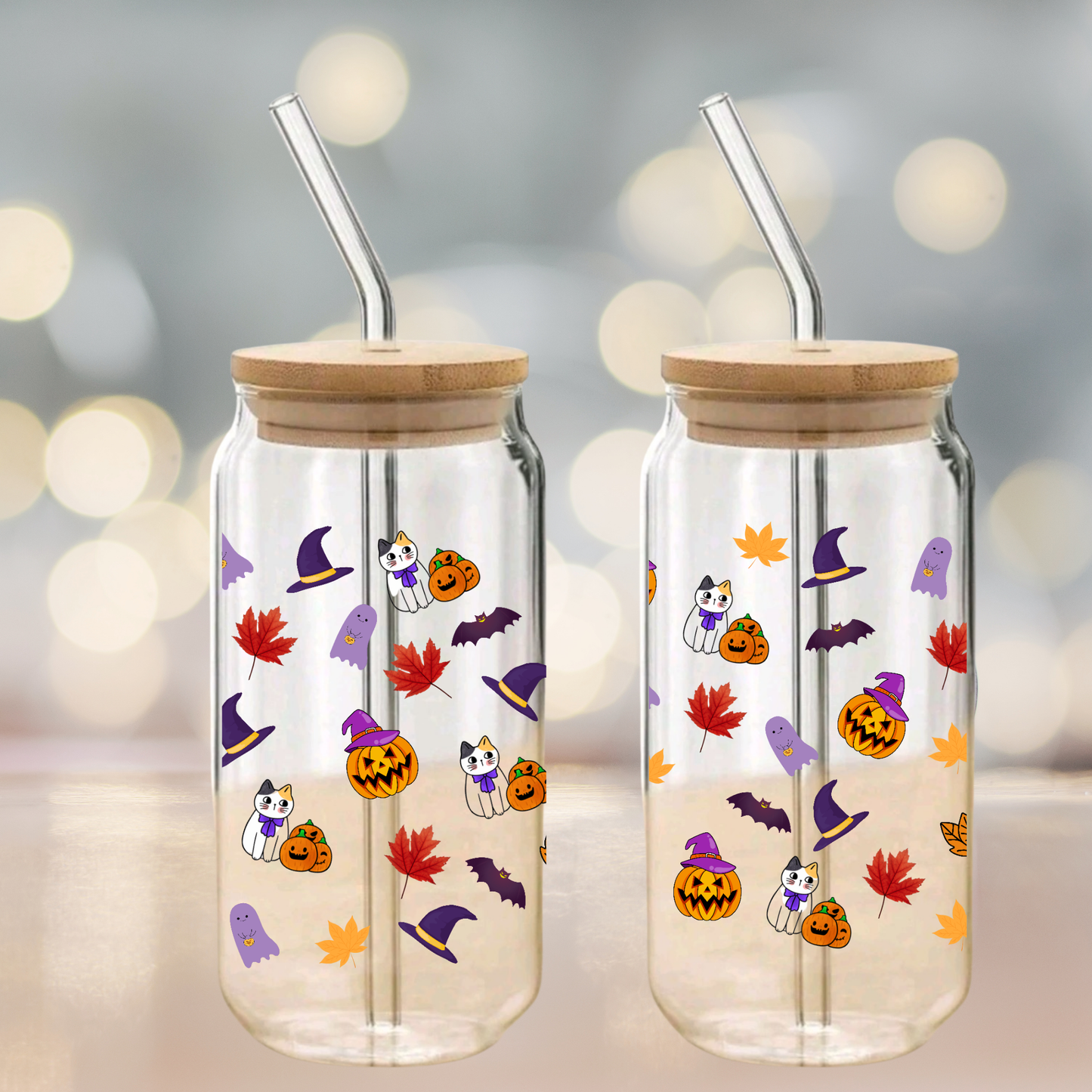 Halloween Pumpkin Glass Can Cup Set β Clear Tumbler with Lid, Straw & Cleaner, 16oz/20oz