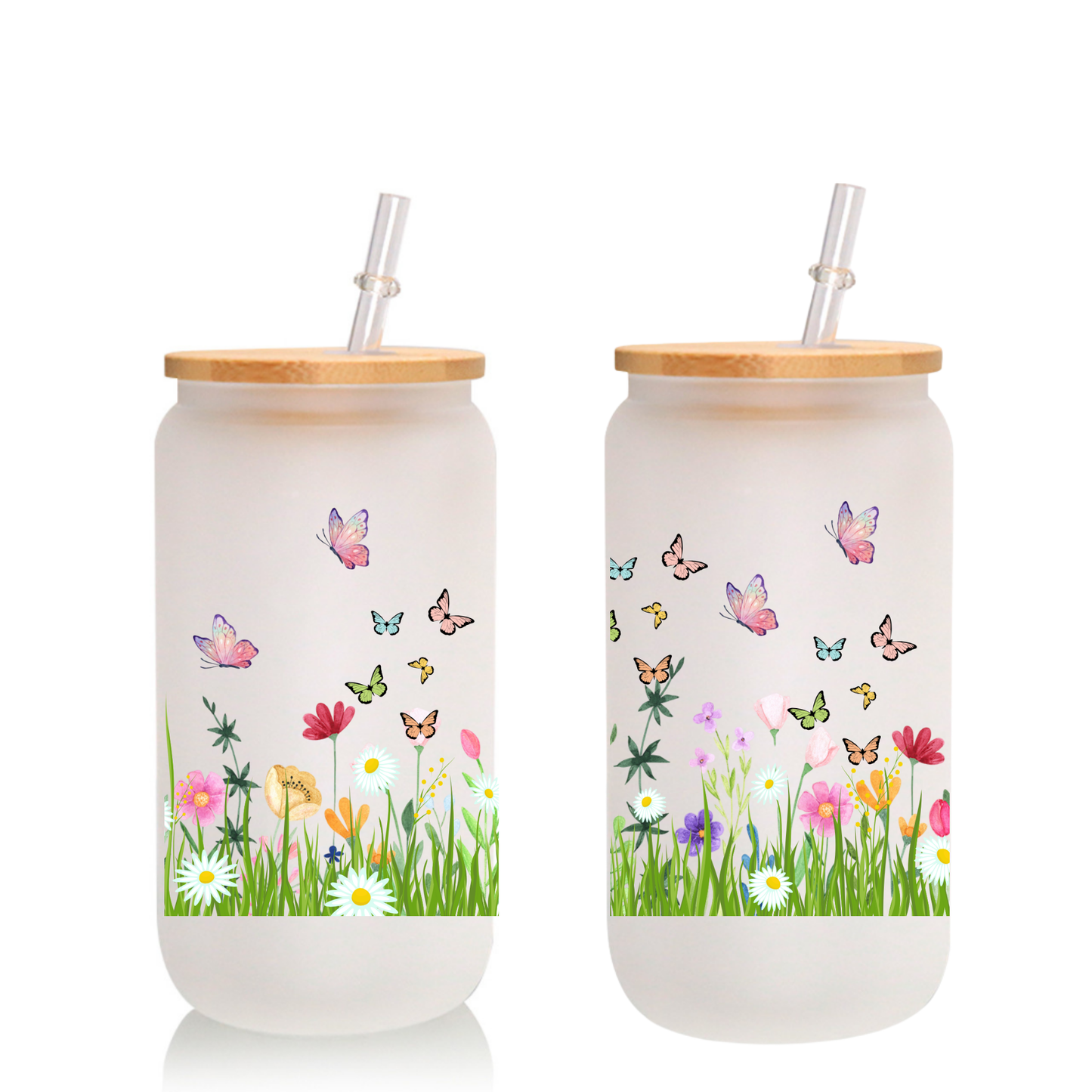 Butterfly Garden Frosted Glass Cup β 16oz / 20oz β With Bamboo Lid & Glass Straw
