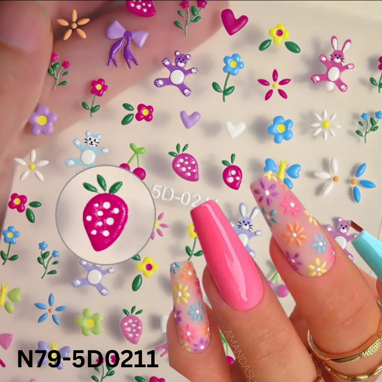 Summer Flower Strawberry Embossed Nail Art Stickers,5D Self-Adhesive Nail Designs