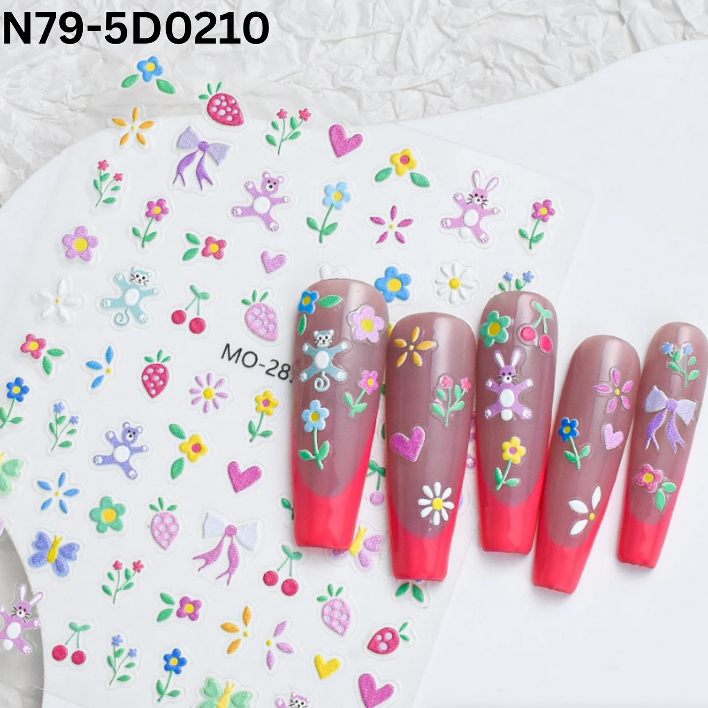 Summer Flower Strawberry Embossed Nail Art Stickers,5D Self-Adhesive Nail Designs