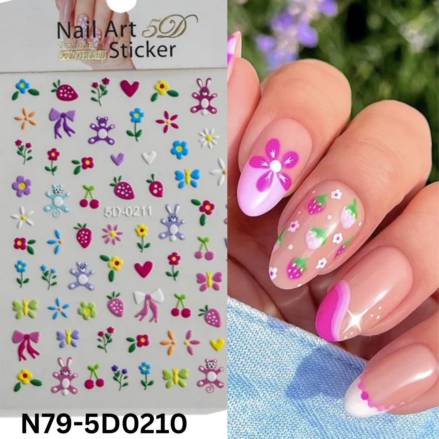 Summer Flower Strawberry Embossed Nail Art Stickers,5D Self-Adhesive Nail Designs