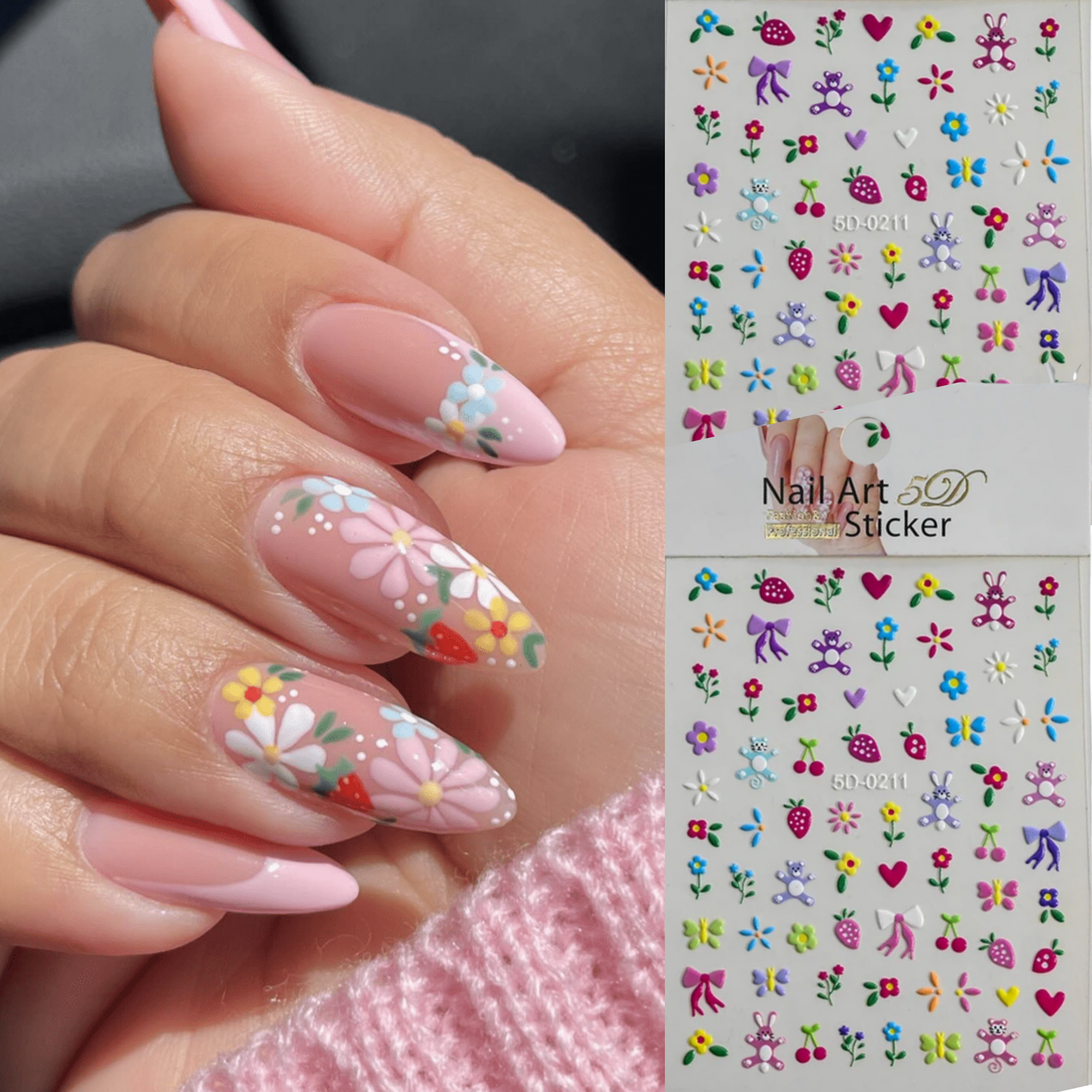 Summer Flower Strawberry Embossed Nail Art Stickers,5D Self-Adhesive Nail Designs