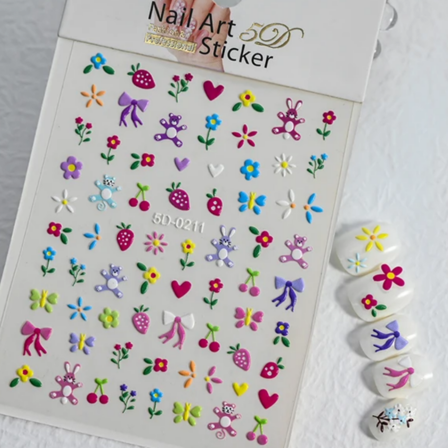 Summer Flower Strawberry Embossed Nail Art Stickers,5D Self-Adhesive Nail Designs