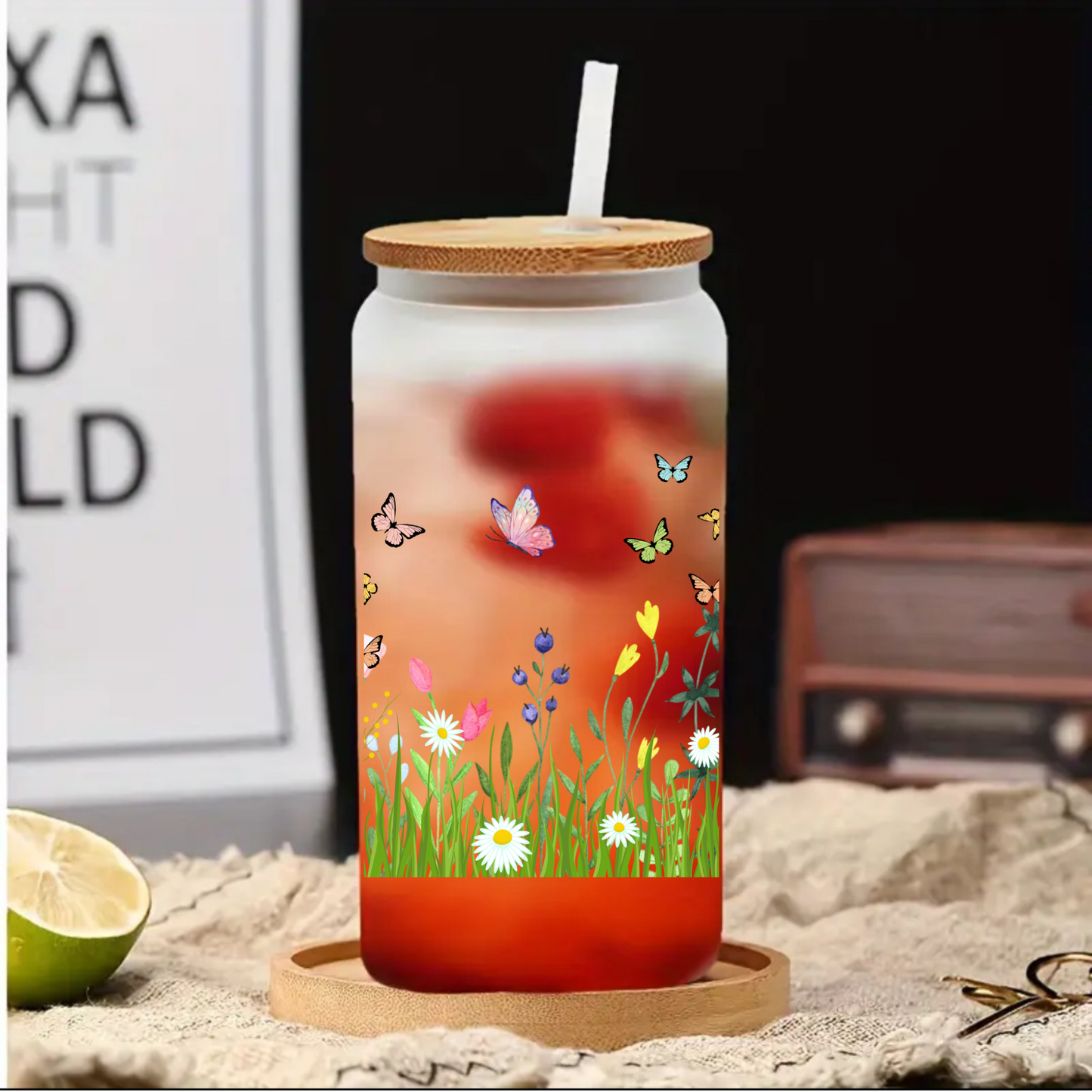 Butterfly Garden Frosted Glass Cup β 16oz / 20oz β With Bamboo Lid & Glass Straw