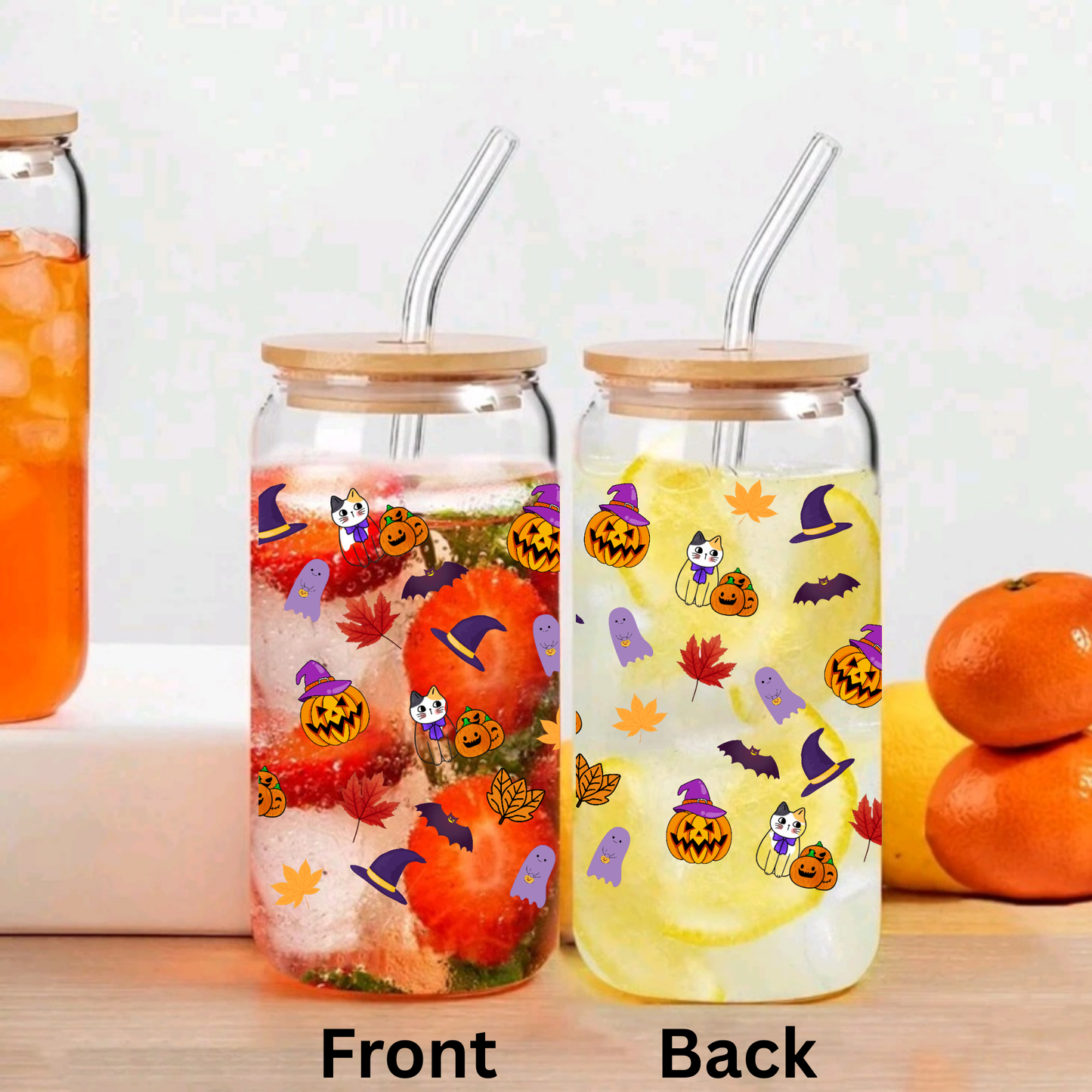 Halloween Pumpkin Glass Can Cup Set β Clear Tumbler with Lid, Straw & Cleaner, 16oz/20oz
