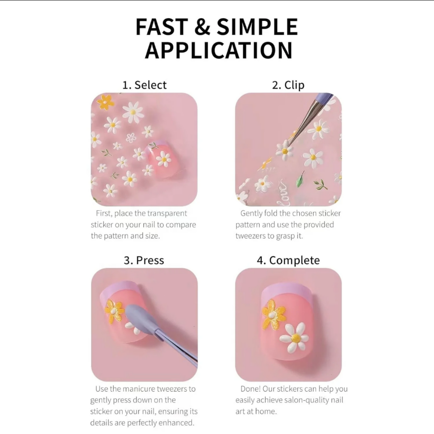 Summer Flower Strawberry Embossed Nail Art Stickers,5D Self-Adhesive Nail Designs