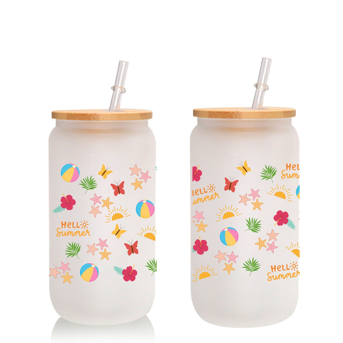 Hello Summer Frosted Glass Cup β 16oz / 20oz β With Bamboo Lid & Glass Straw