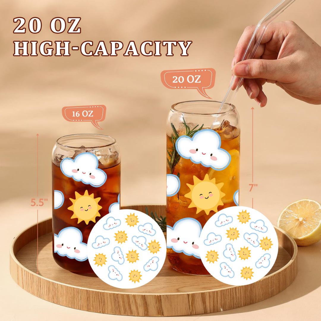 Sun & Cloud Glass Cup with Matching Coaster Cute Aesthetic Can Glass Set Frosted or Clear Cup with Bamboo Lid and Straw