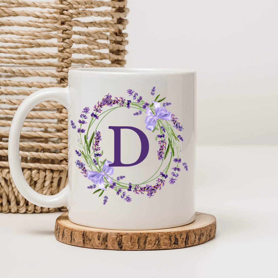 Floral Alphabet Letter A-Z Lavender Wreath Design,Personalized 12oz Ceramic Mug