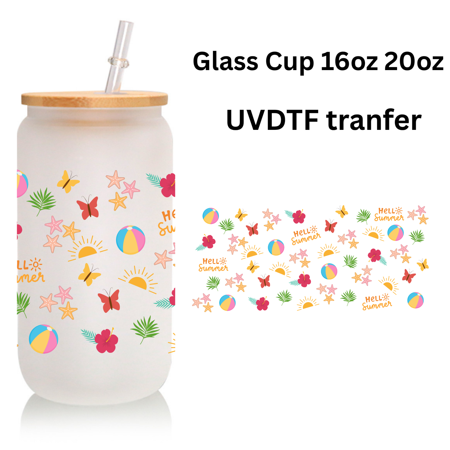 Hello Summer Frosted Glass Cup β 16oz / 20oz β With Bamboo Lid & Glass Straw