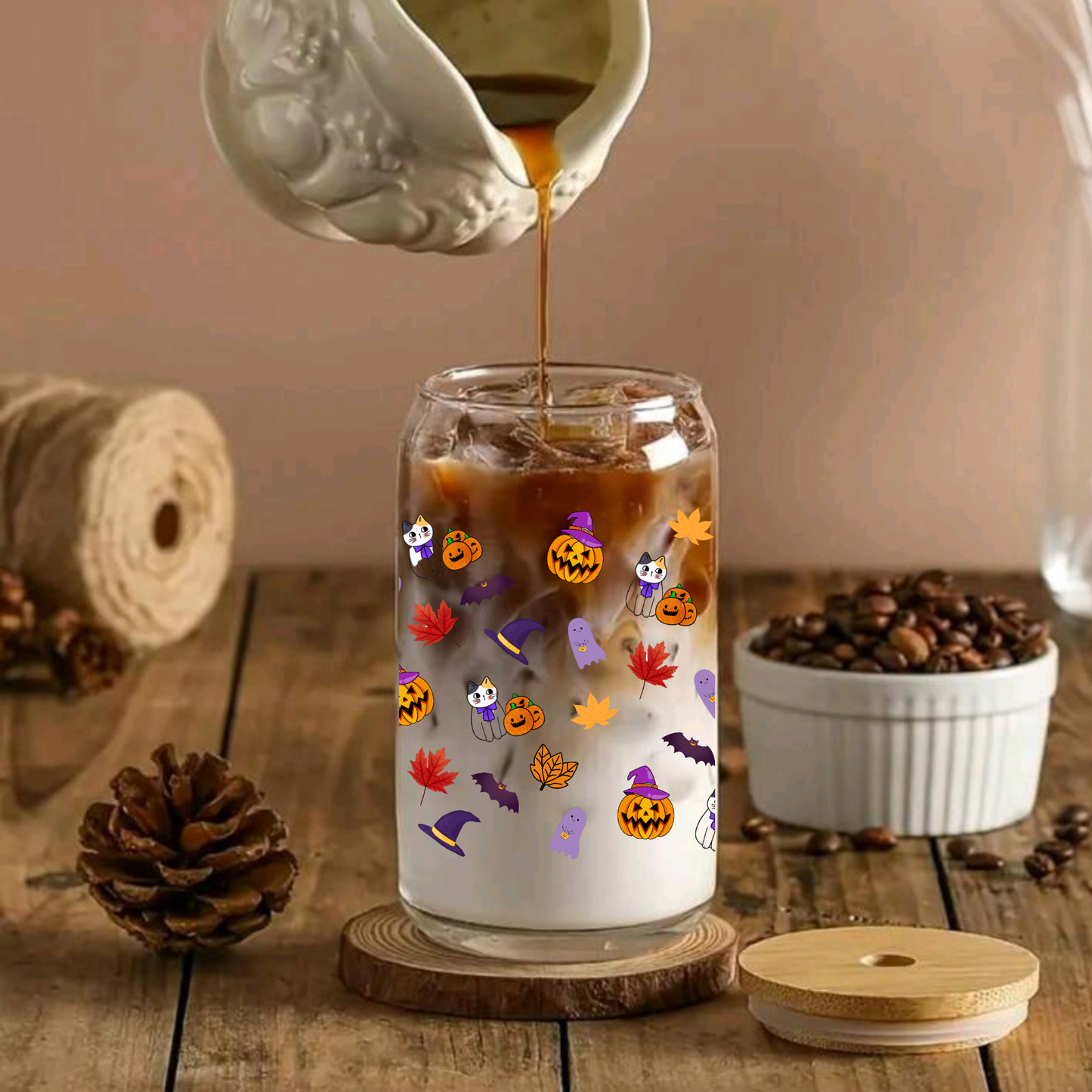 Halloween Pumpkin Glass Can Cup Set β Clear Tumbler with Lid, Straw & Cleaner, 16oz/20oz