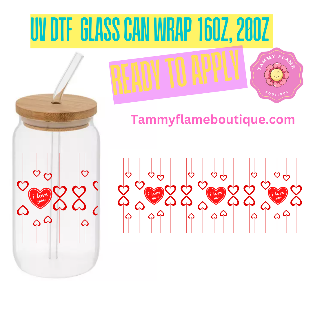 I Love You With Hearts 16oz, 20 oz UV DTF Cup Wraps Bottles & Glassware