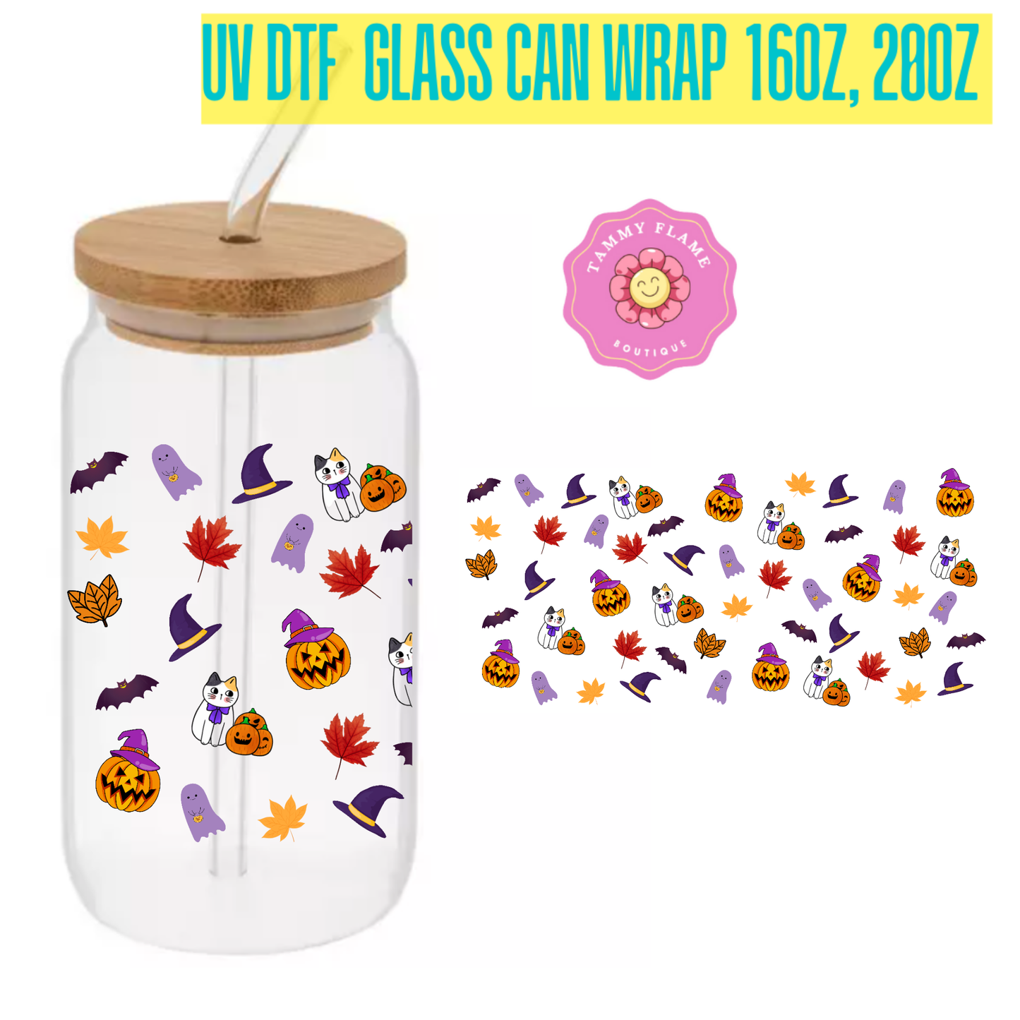 Halloween Pumpkin Glass Can Cup Set β Clear Tumbler with Lid, Straw & Cleaner, 16oz/20oz
