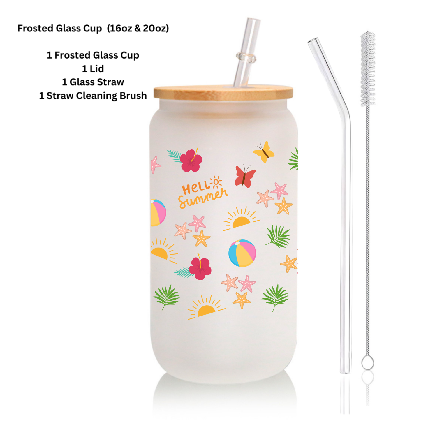 Hello Summer Frosted Glass Cup β 16oz / 20oz β With Bamboo Lid & Glass Straw