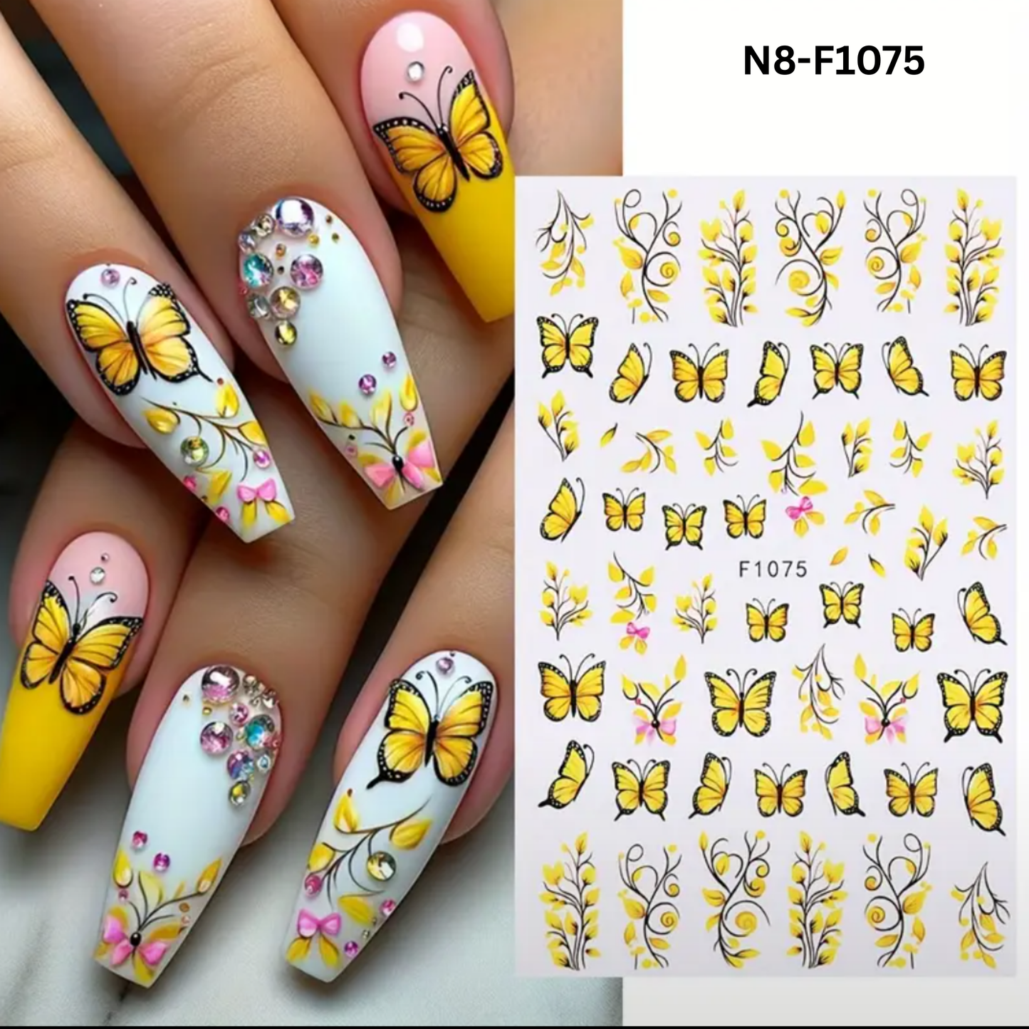 Yellow Butterfly & Floral Nail Art Stickers - Self-Adhesive, Sparkle Finish Decals for Easy Manicure