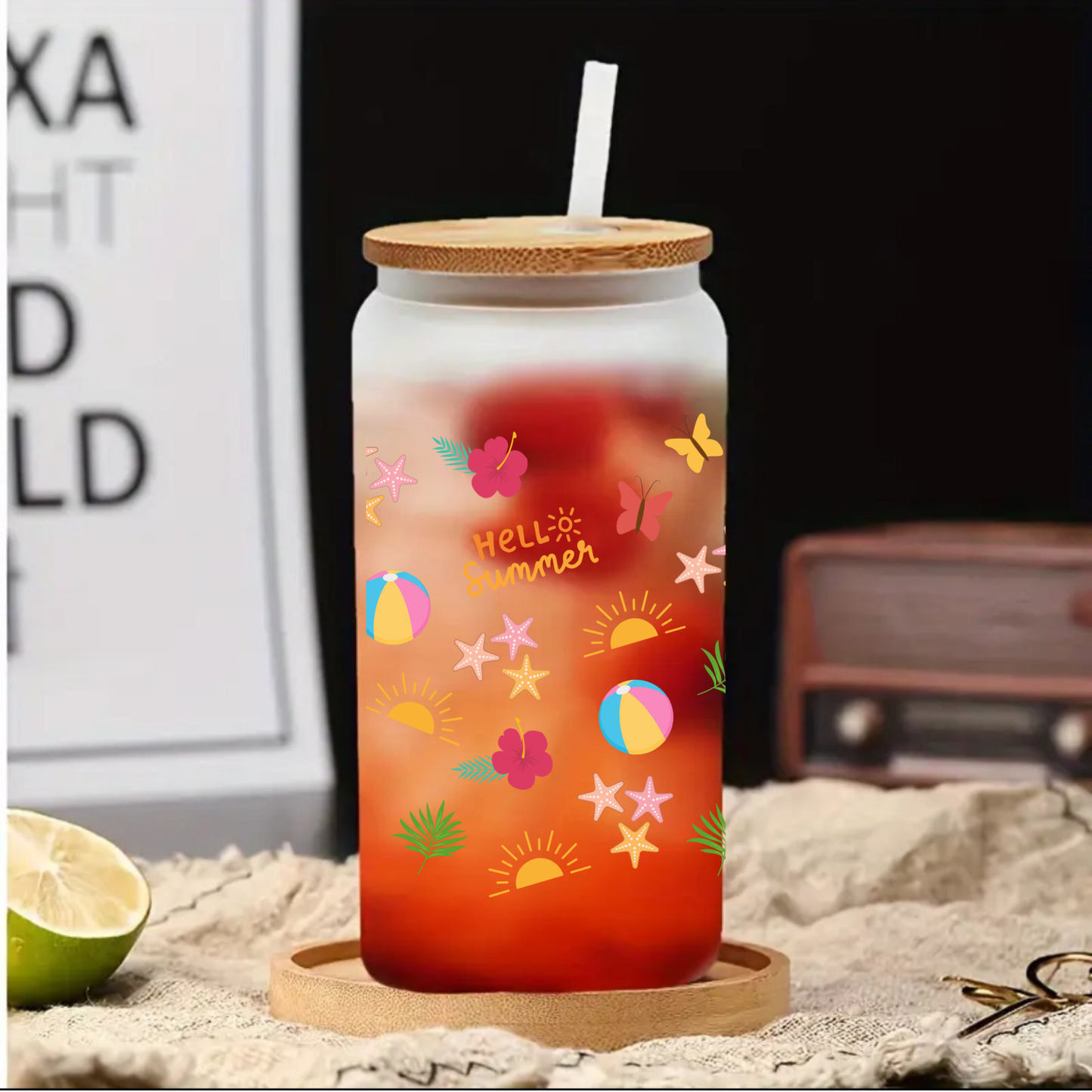 Hello Summer Frosted Glass Cup β 16oz / 20oz β With Bamboo Lid & Glass Straw