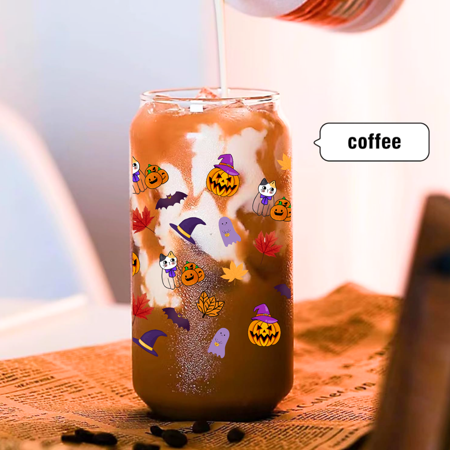 Halloween Pumpkin Glass Can Cup Set β Clear Tumbler with Lid, Straw & Cleaner, 16oz/20oz