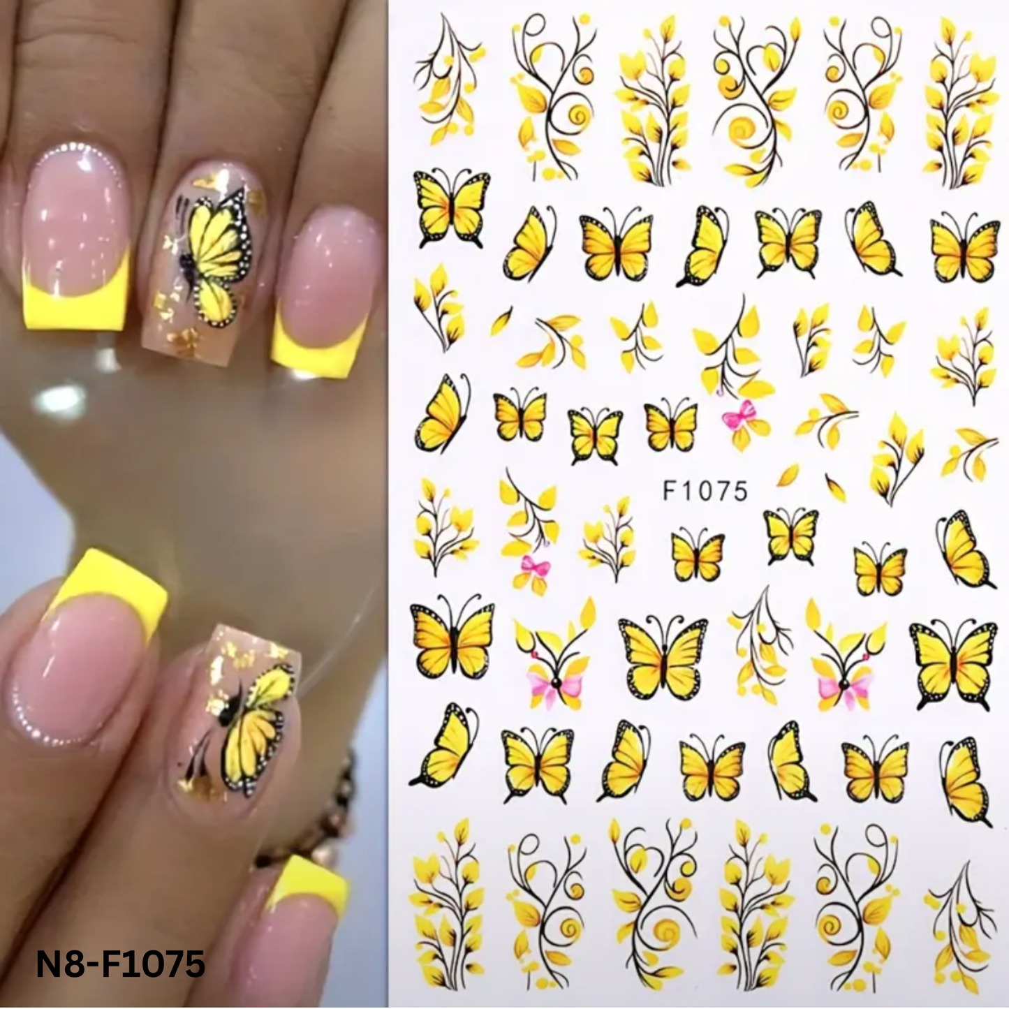 Yellow Butterfly & Floral Nail Art Stickers - Self-Adhesive, Sparkle Finish Decals for Easy Manicure
