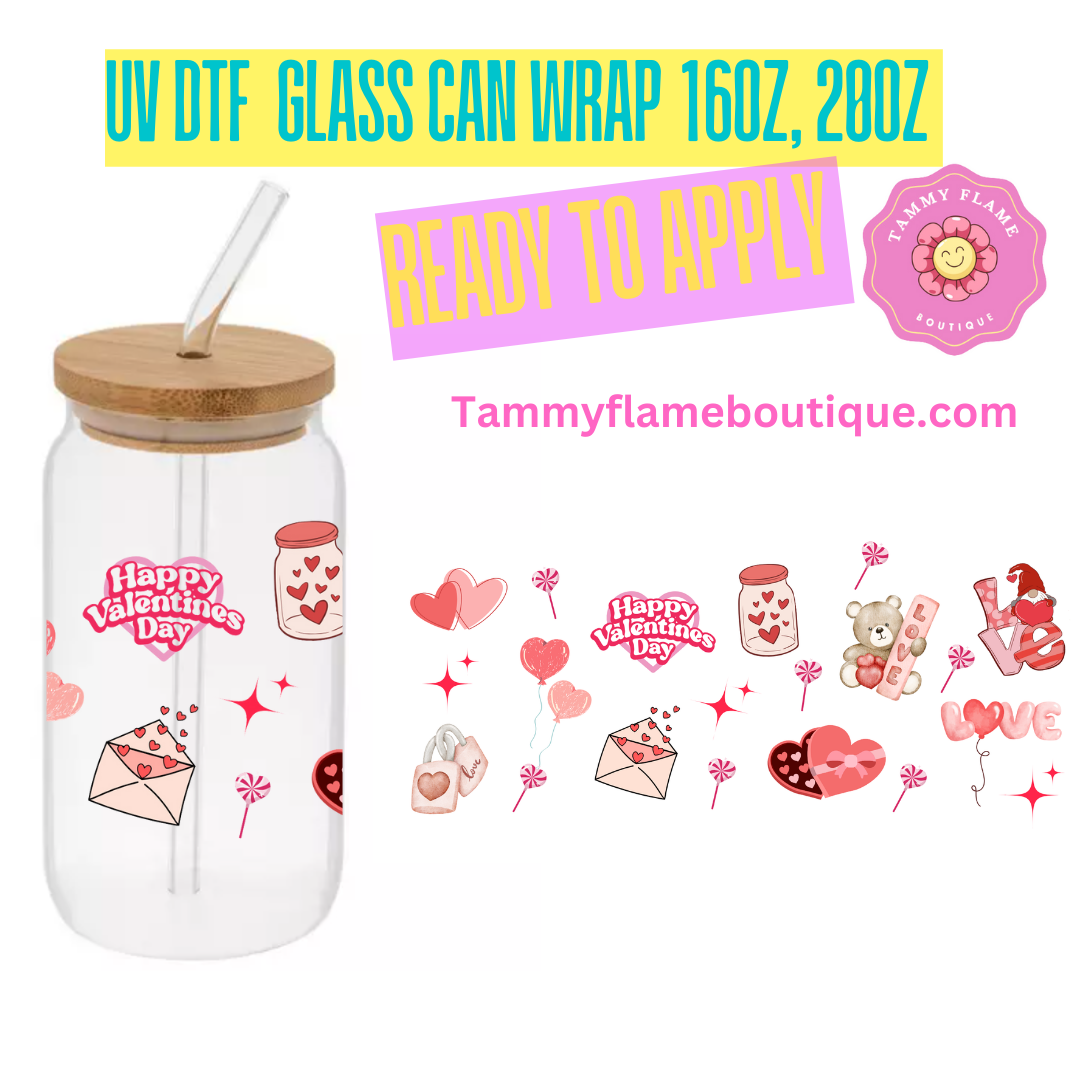 Valentine Bliss 16oz, 20 oz UV DTF Cup Wraps Bottles & Glassware