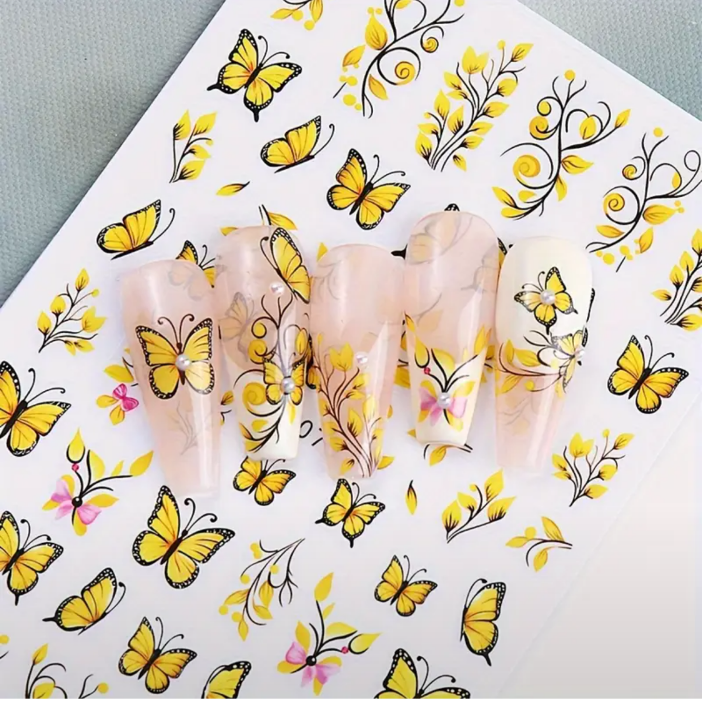 Yellow Butterfly & Floral Nail Art Stickers - Self-Adhesive, Sparkle Finish Decals for Easy Manicure