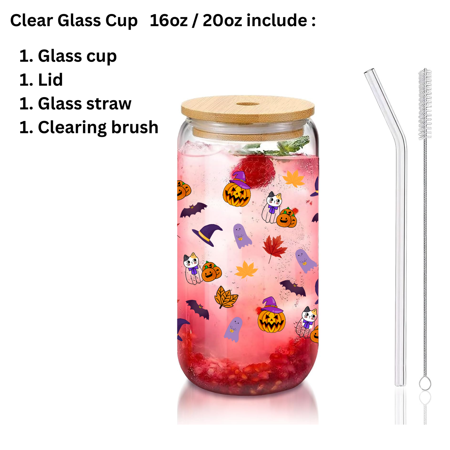Halloween Pumpkin Glass Can Cup Set β Clear Tumbler with Lid, Straw & Cleaner, 16oz/20oz