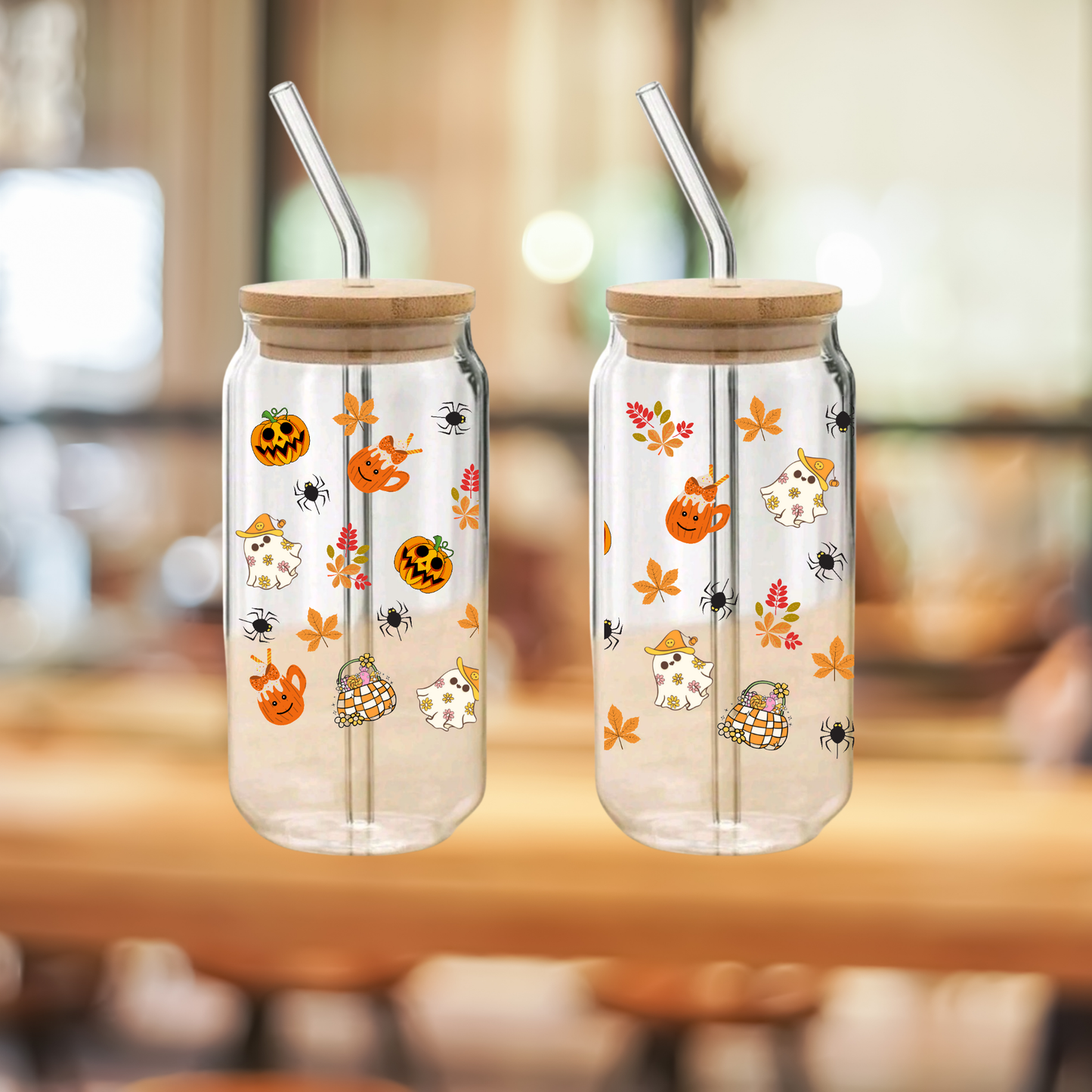 Halloween Pumpkin Glass Can Cup Set β Clear Tumbler with Lid, Straw & Cleaner, 16oz/20oz