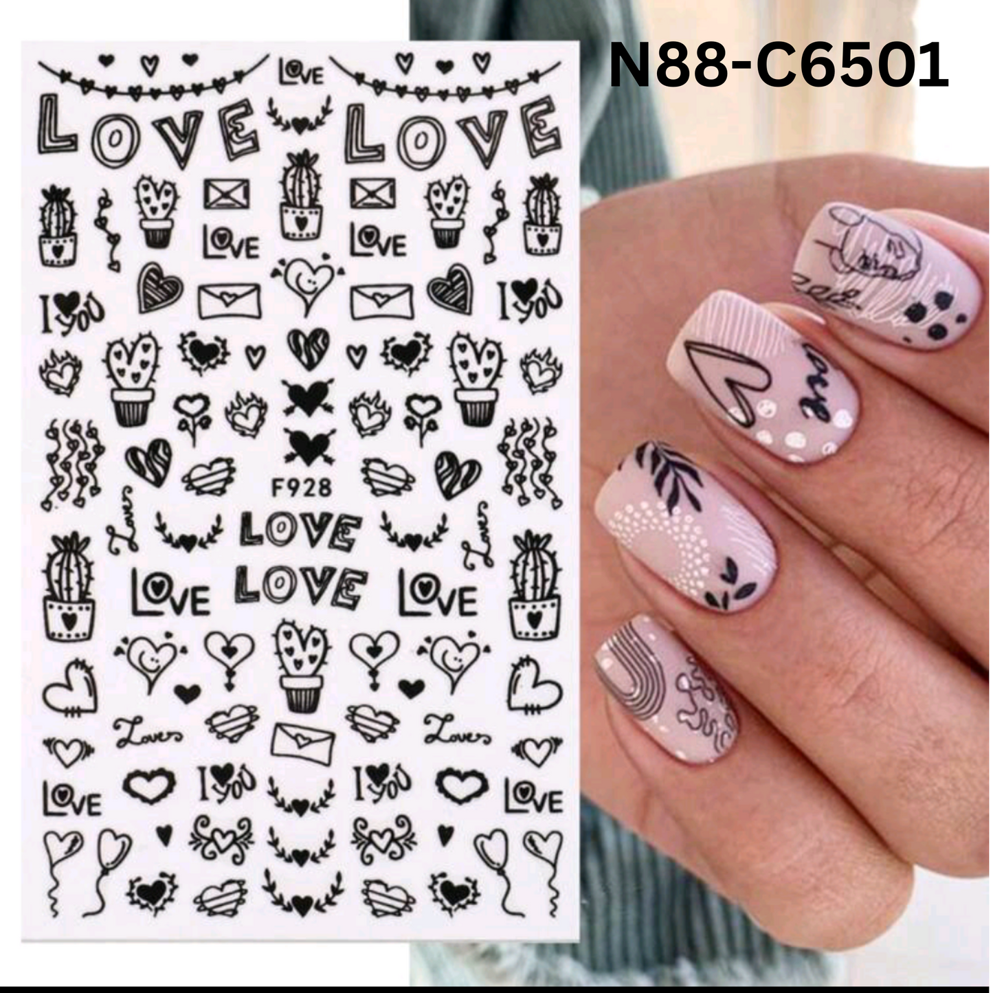 Valentine Love Heart Nail Art Stickers – Black Self-Adhesive Romantic Decals
