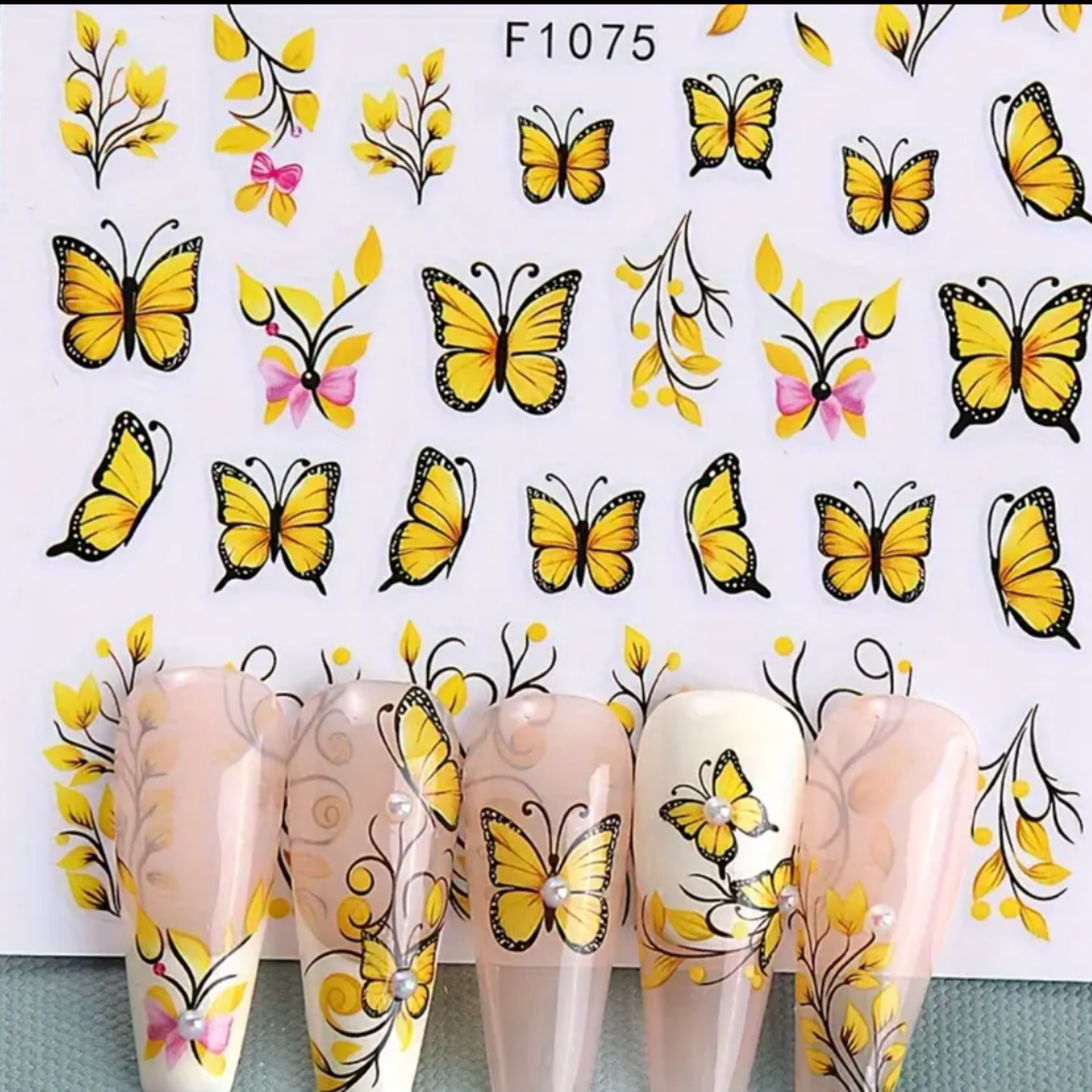 Yellow Butterfly & Floral Nail Art Stickers - Self-Adhesive, Sparkle Finish Decals for Easy Manicure