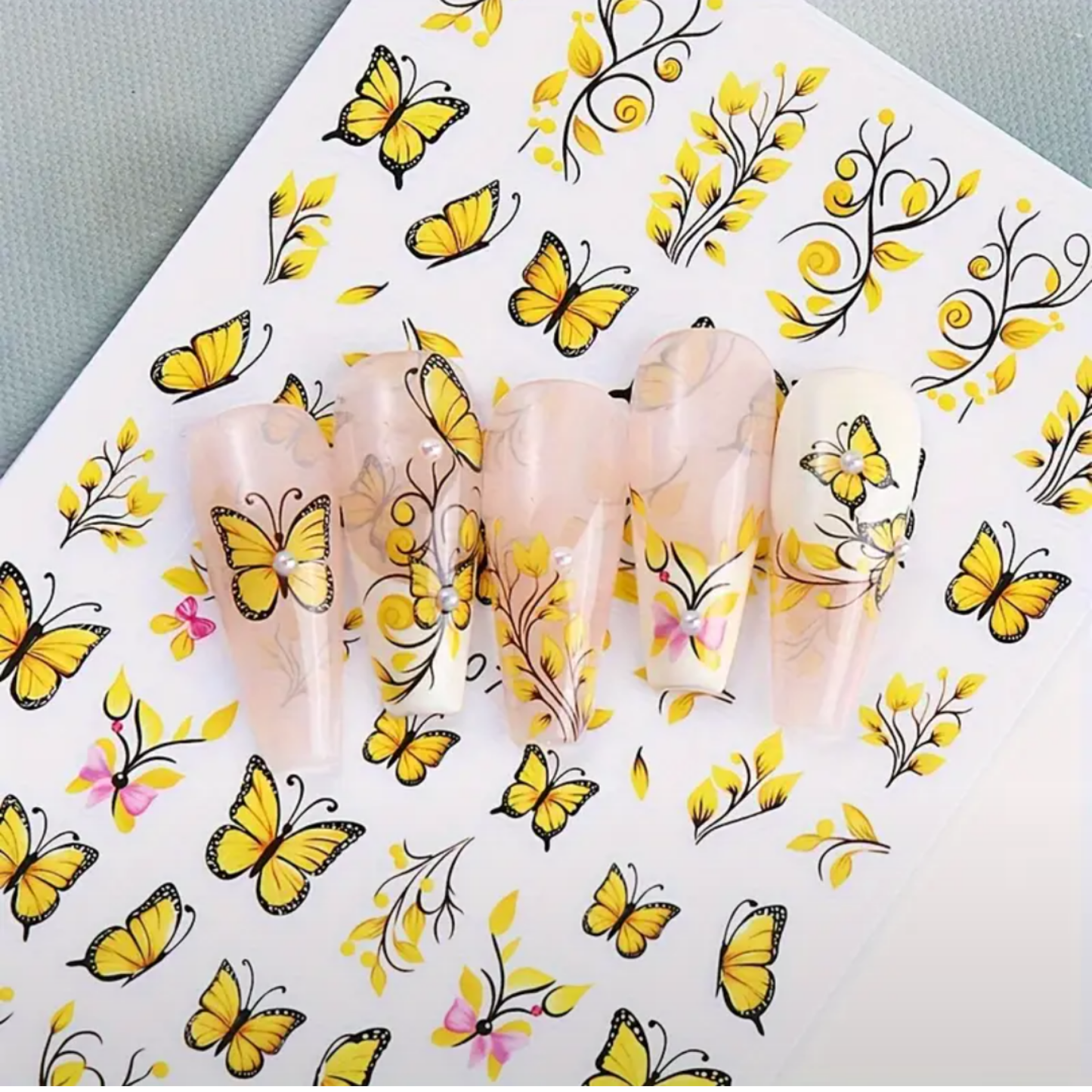 Yellow Butterfly & Floral Nail Art Stickers - Self-Adhesive, Sparkle Finish Decals for Easy Manicure