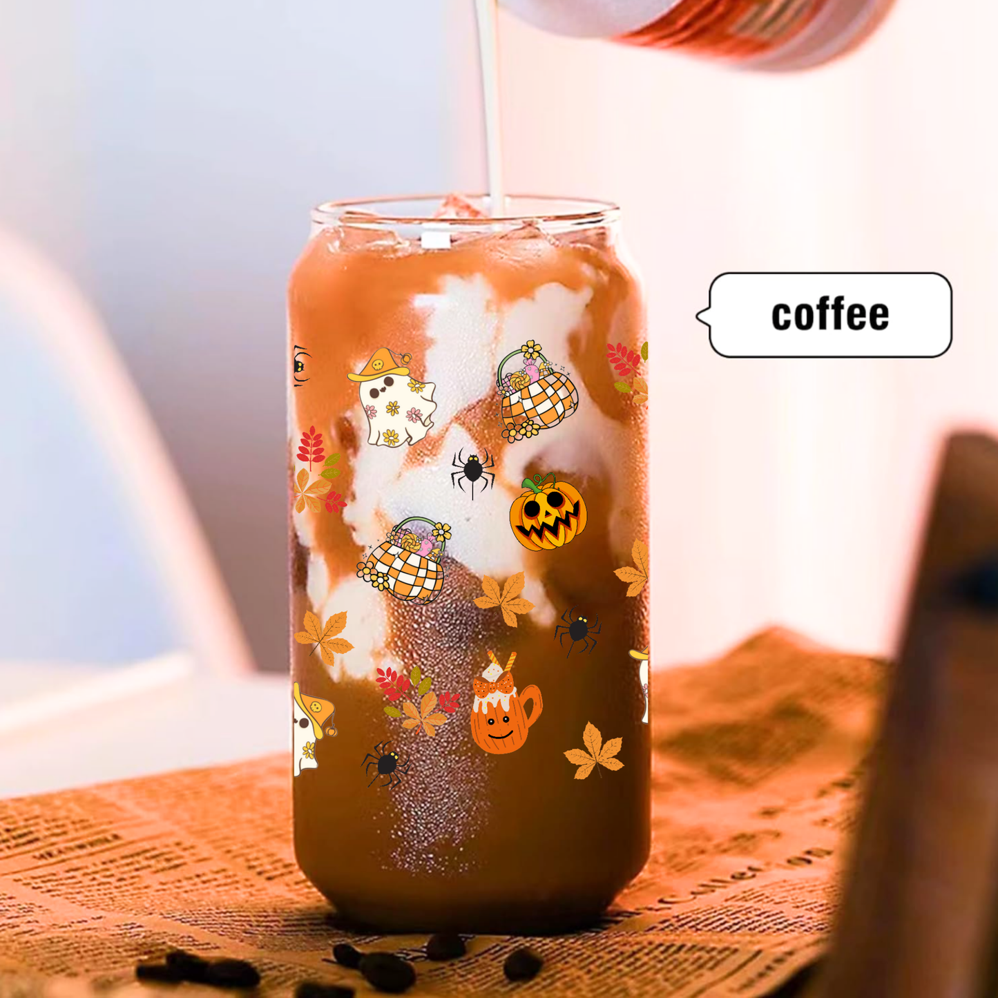 Halloween Pumpkin Glass Can Cup Set β Clear Tumbler with Lid, Straw & Cleaner, 16oz/20oz