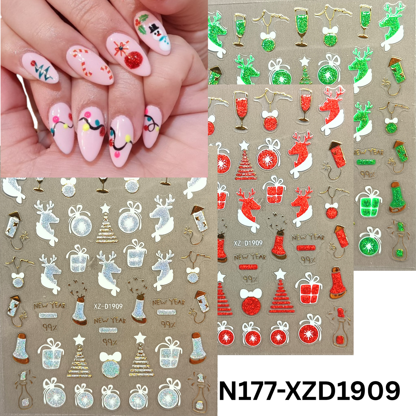 Merry Christmas Nail Stickers – Candy Stripe & Reindeer Design