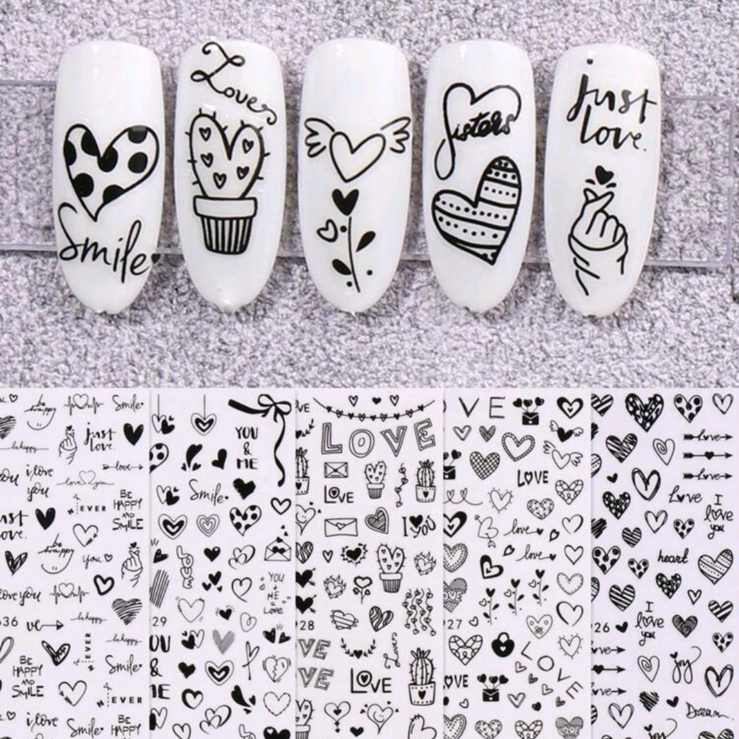Valentine Love Heart Nail Art Stickers – Black Self-Adhesive Romantic Decals