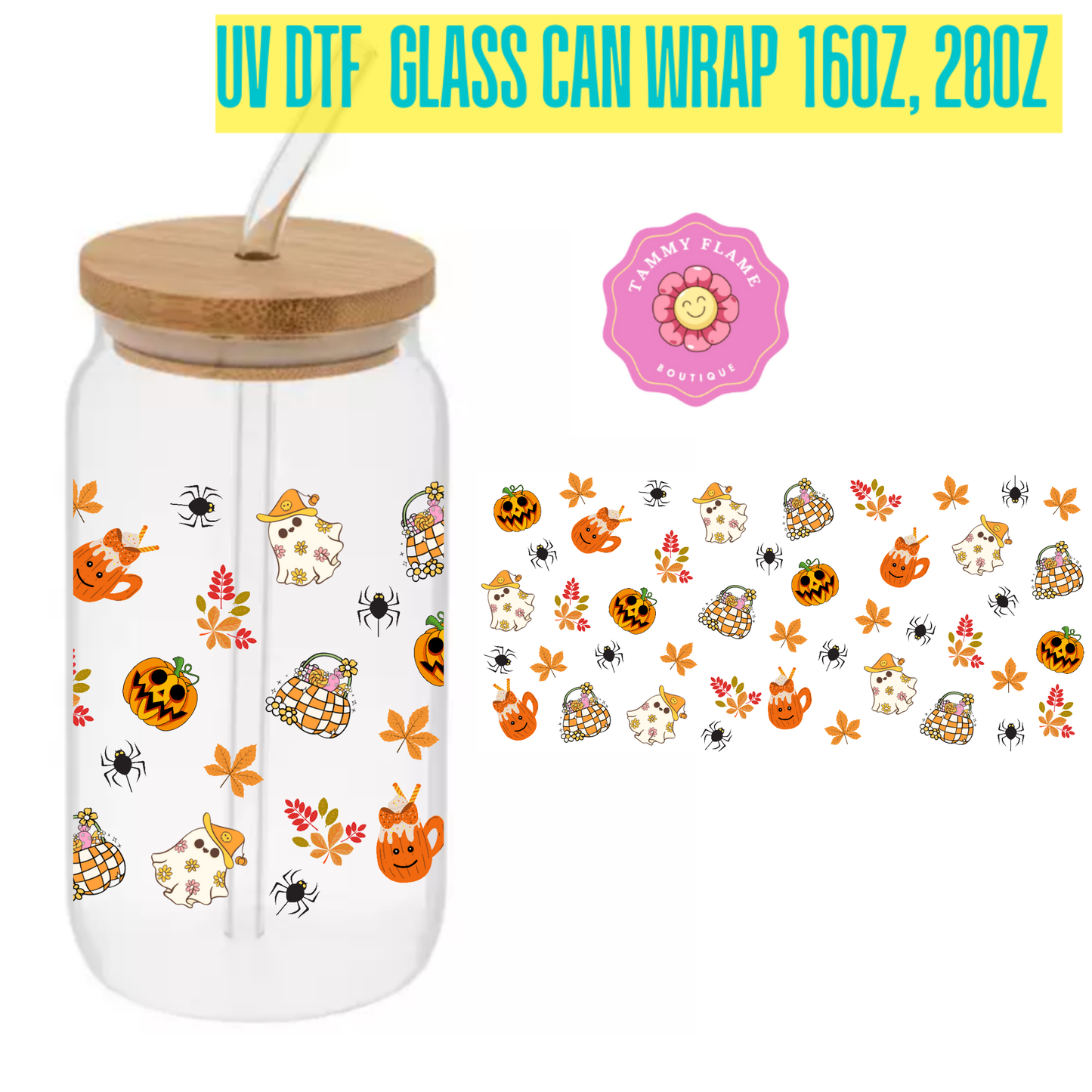 Halloween Pumpkin Glass Can Cup Set β Clear Tumbler with Lid, Straw & Cleaner, 16oz/20oz