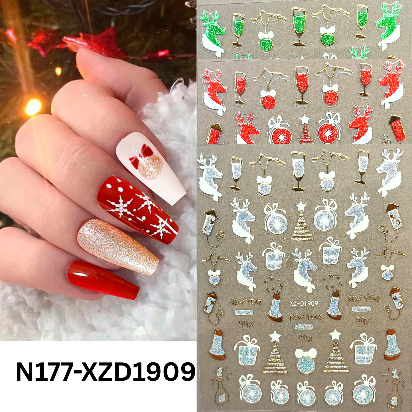 Merry Christmas Nail Stickers – Candy Stripe & Reindeer Design