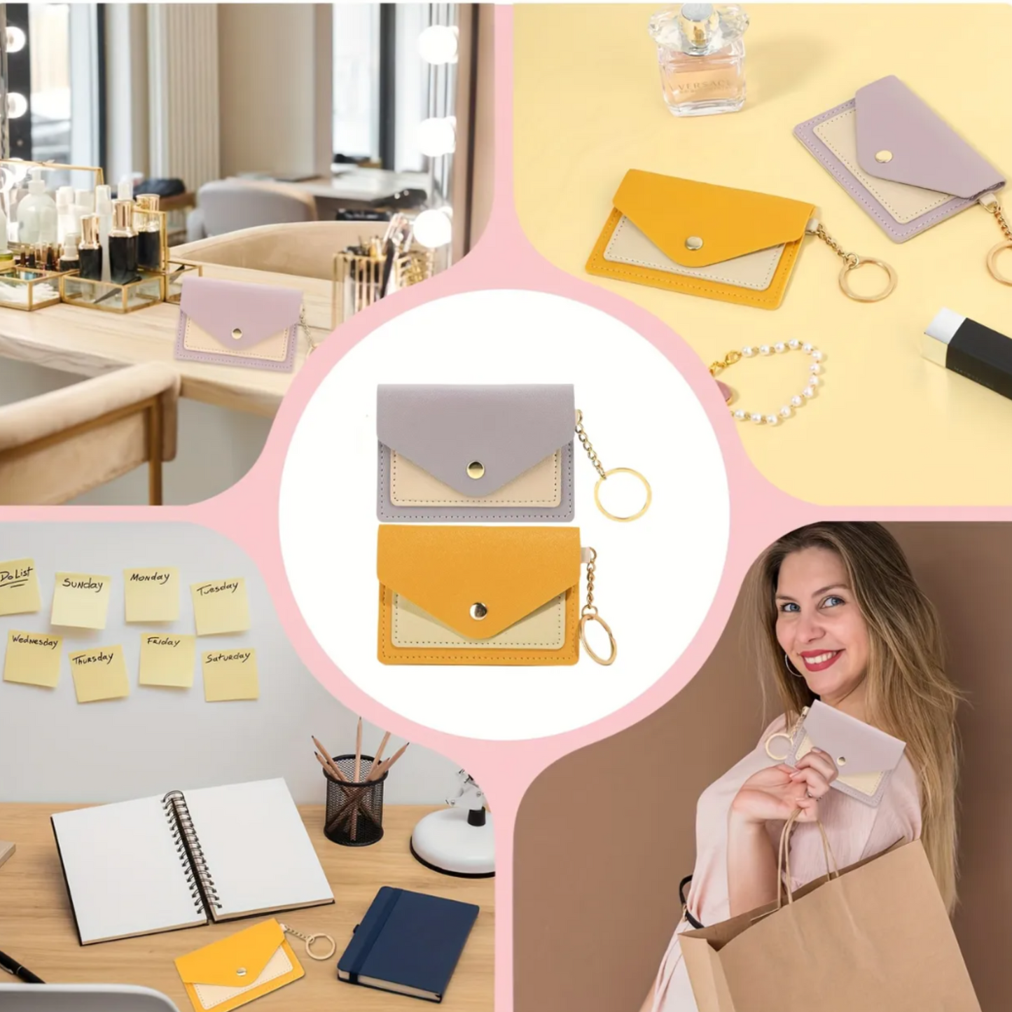 Vintage Card Holder Wallets with Keychain - Multi-Slot Stackable Organizer for Women