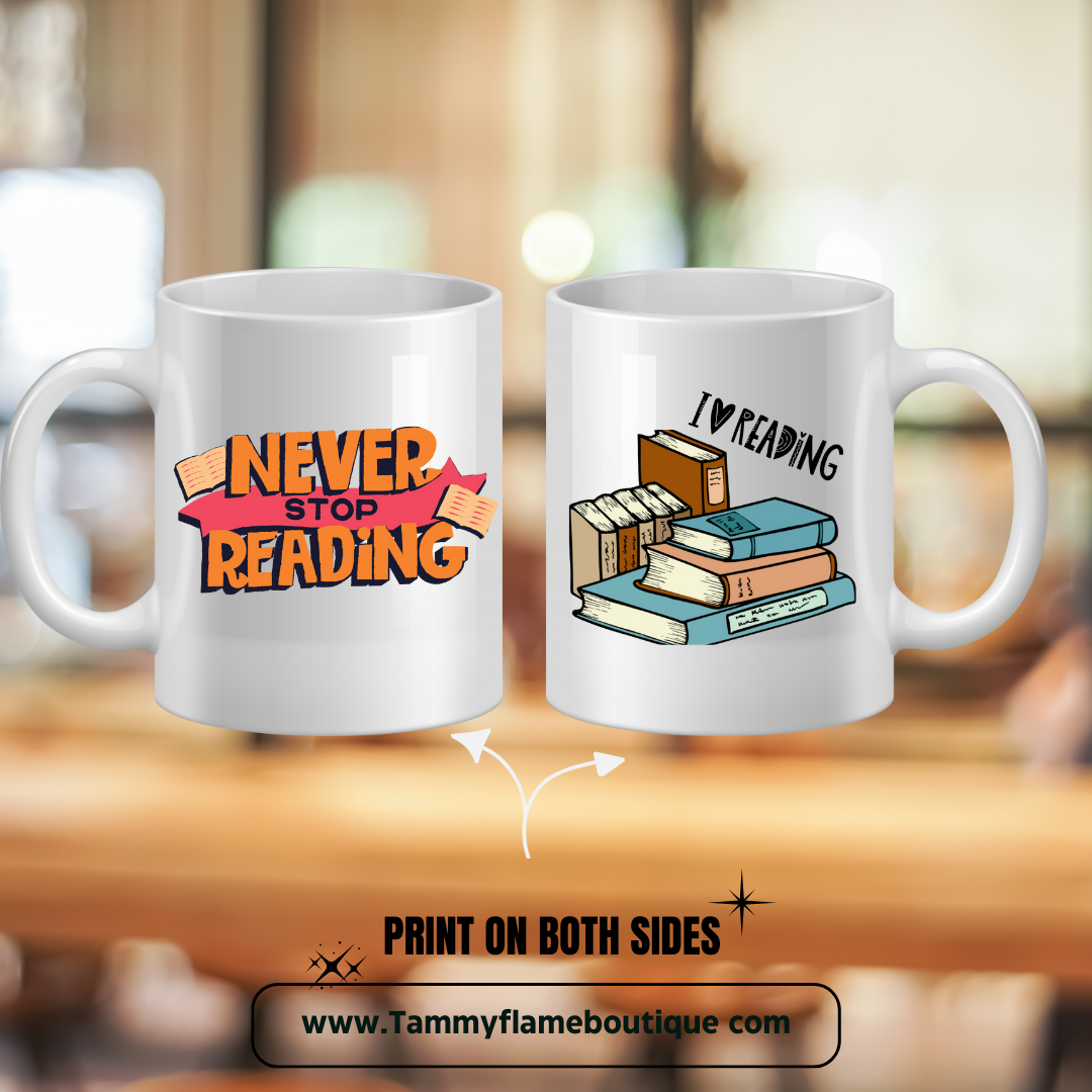 Cozy Mug Combo – UV DTF Printed Ceramic Mug & Coaster, Book Lover Gift ,Never Stop Reading Coffee Cup, Reading Mug Set, Teacher Gift