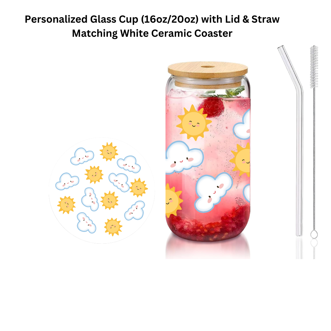 Sun & Cloud Glass Cup with Matching Coaster Cute Aesthetic Can Glass Set Frosted or Clear Cup with Bamboo Lid and Straw