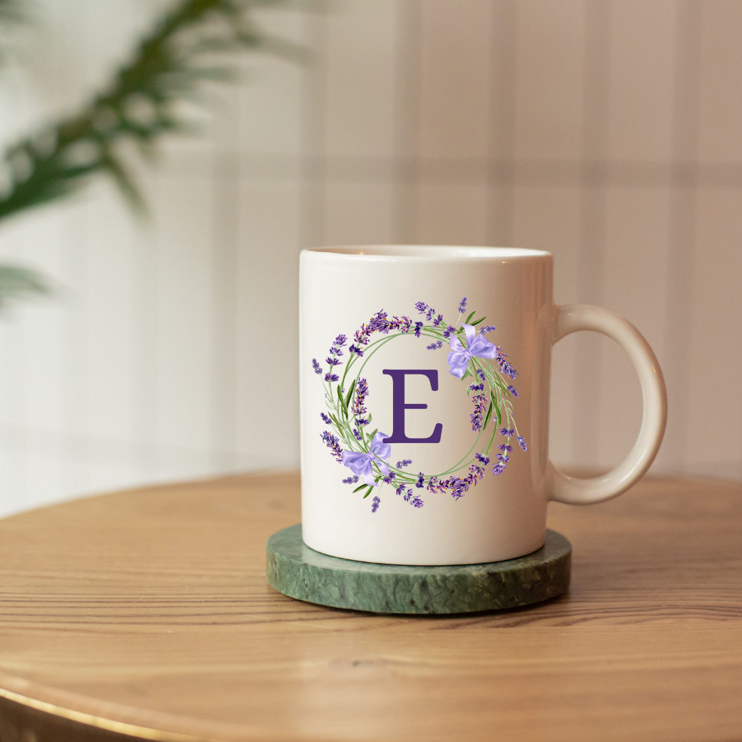 Floral Alphabet Letter A-Z Lavender Wreath Design,Personalized 12oz Ceramic Mug
