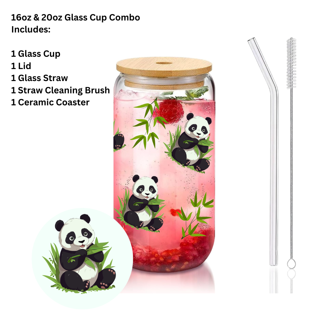 Panda with leaves glass cup, cartoon cup, Iced Coffee Glass cup with lid and Straw Personalized gift for Birthday,for kid 16oz, 20oz