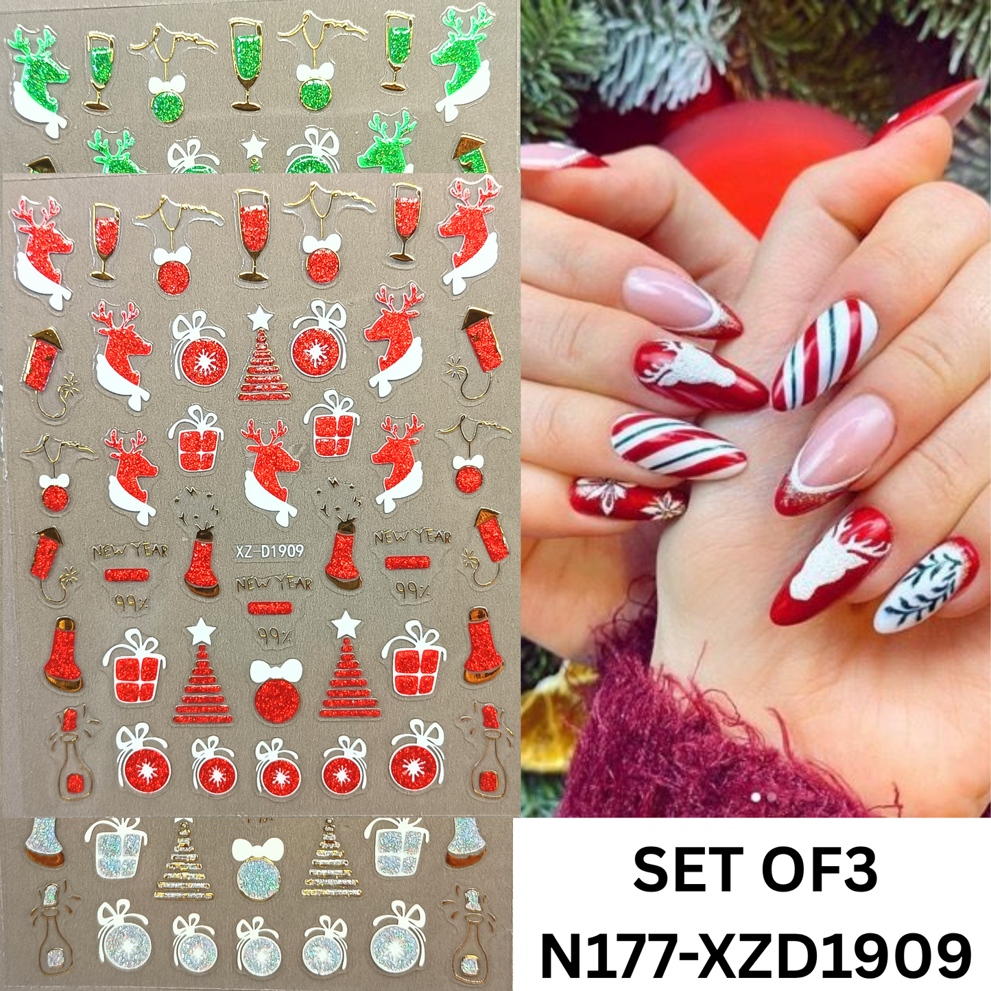Merry Christmas Nail Stickers – Candy Stripe & Reindeer Design