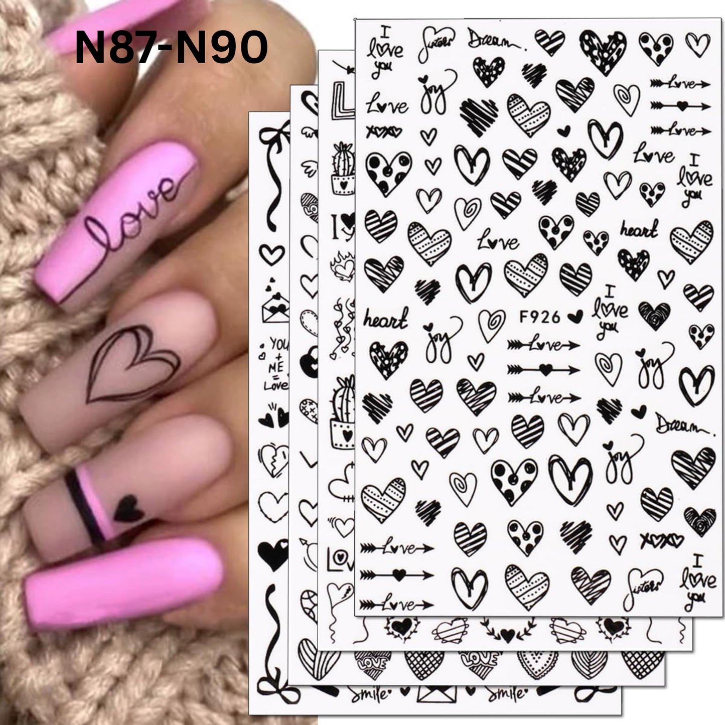 Valentine Love Heart Nail Art Stickers – Black Self-Adhesive Romantic Decals