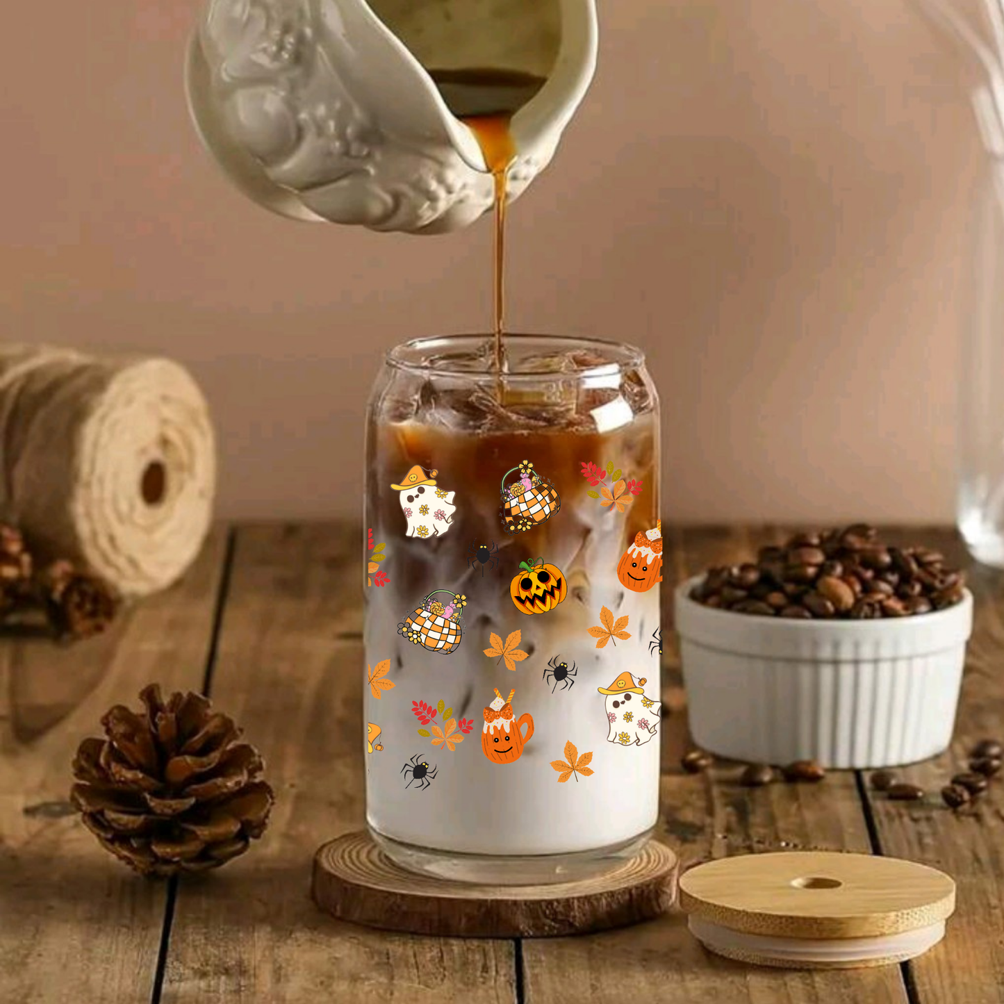 Halloween Pumpkin Glass Can Cup Set β Clear Tumbler with Lid, Straw & Cleaner, 16oz/20oz